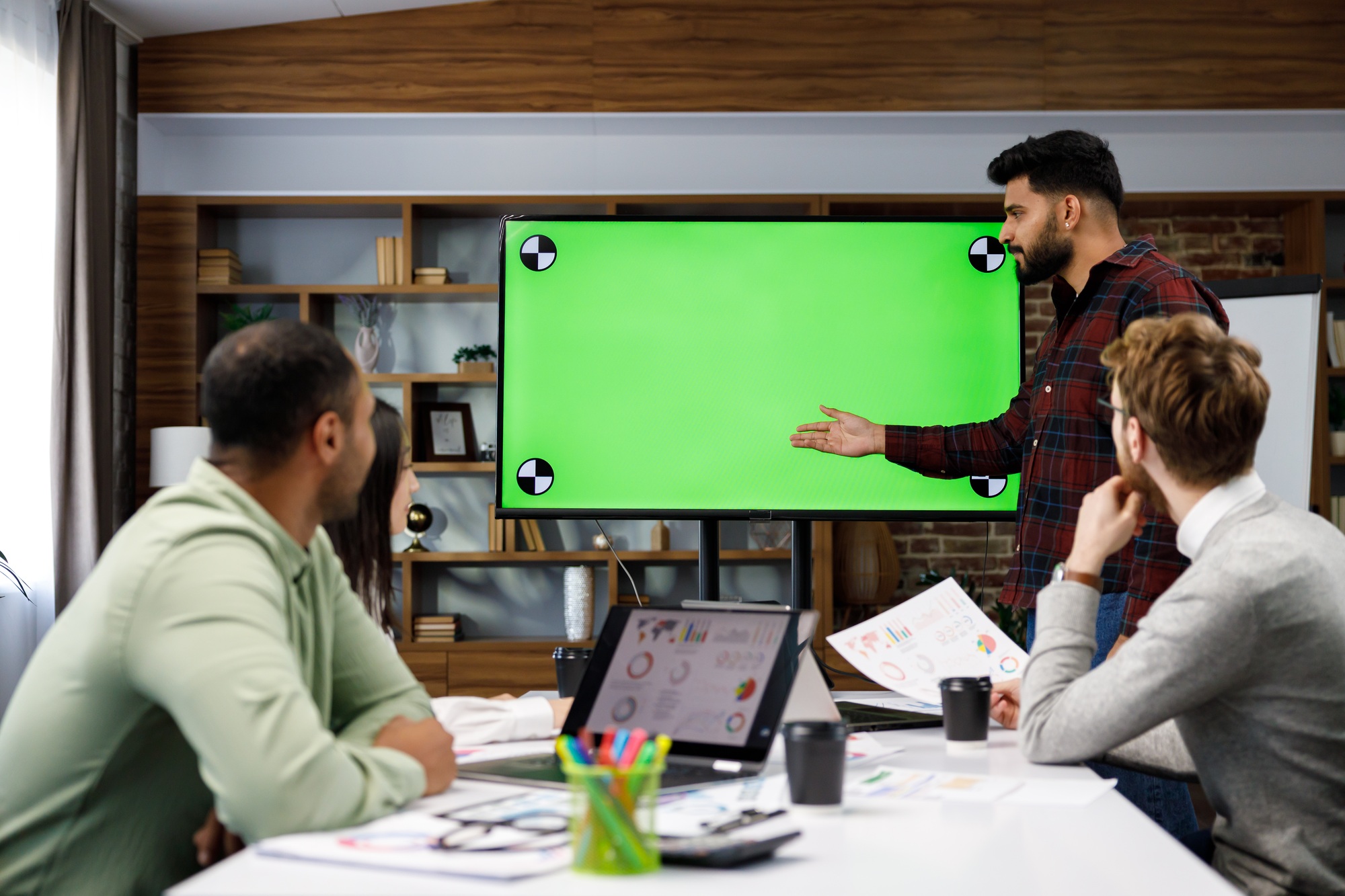 Marketing strategy analysis, stock market trading or corporate teamwork. A team of startups at a