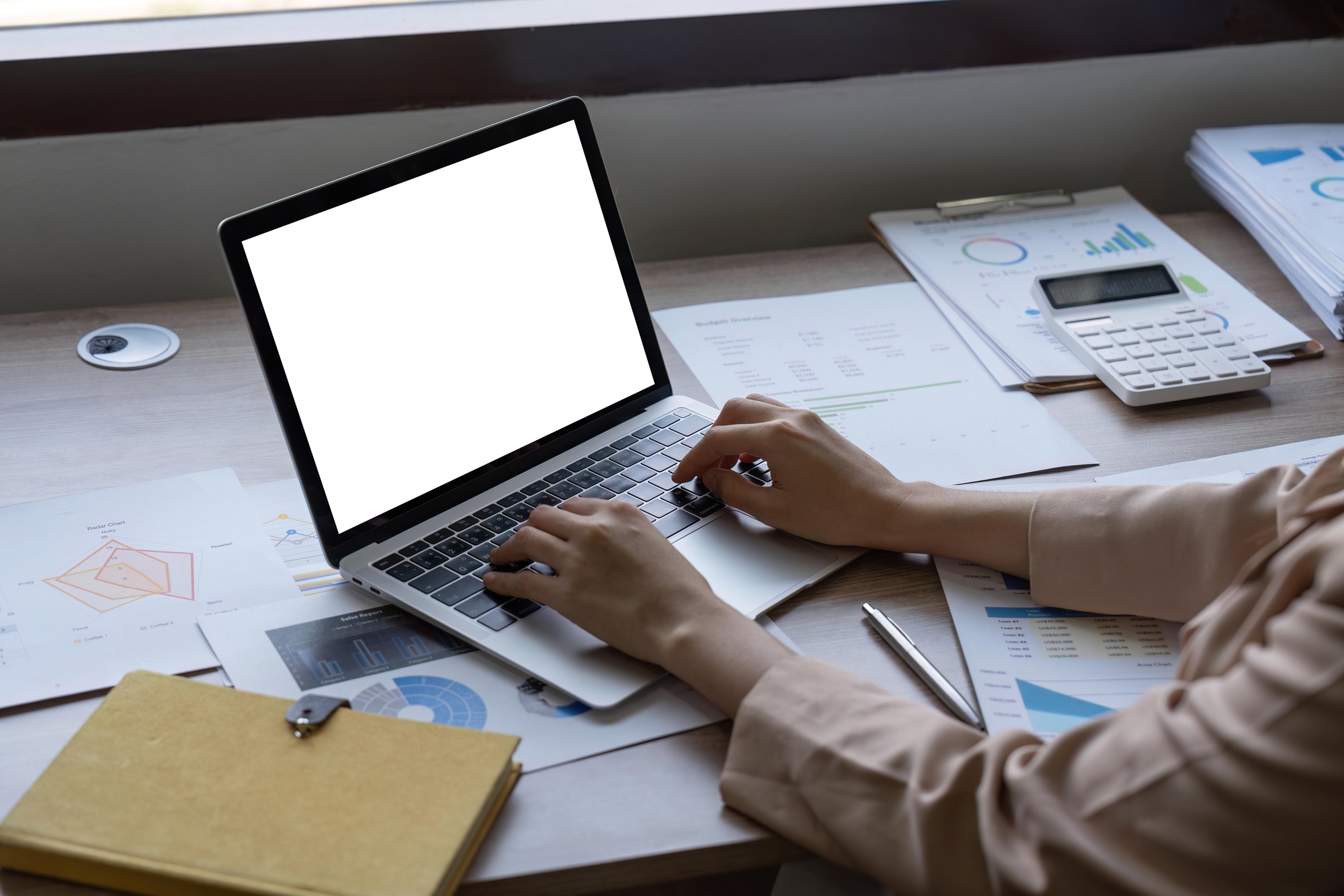 mockup image blank screen computer with blank white background for advertising text, hand woman