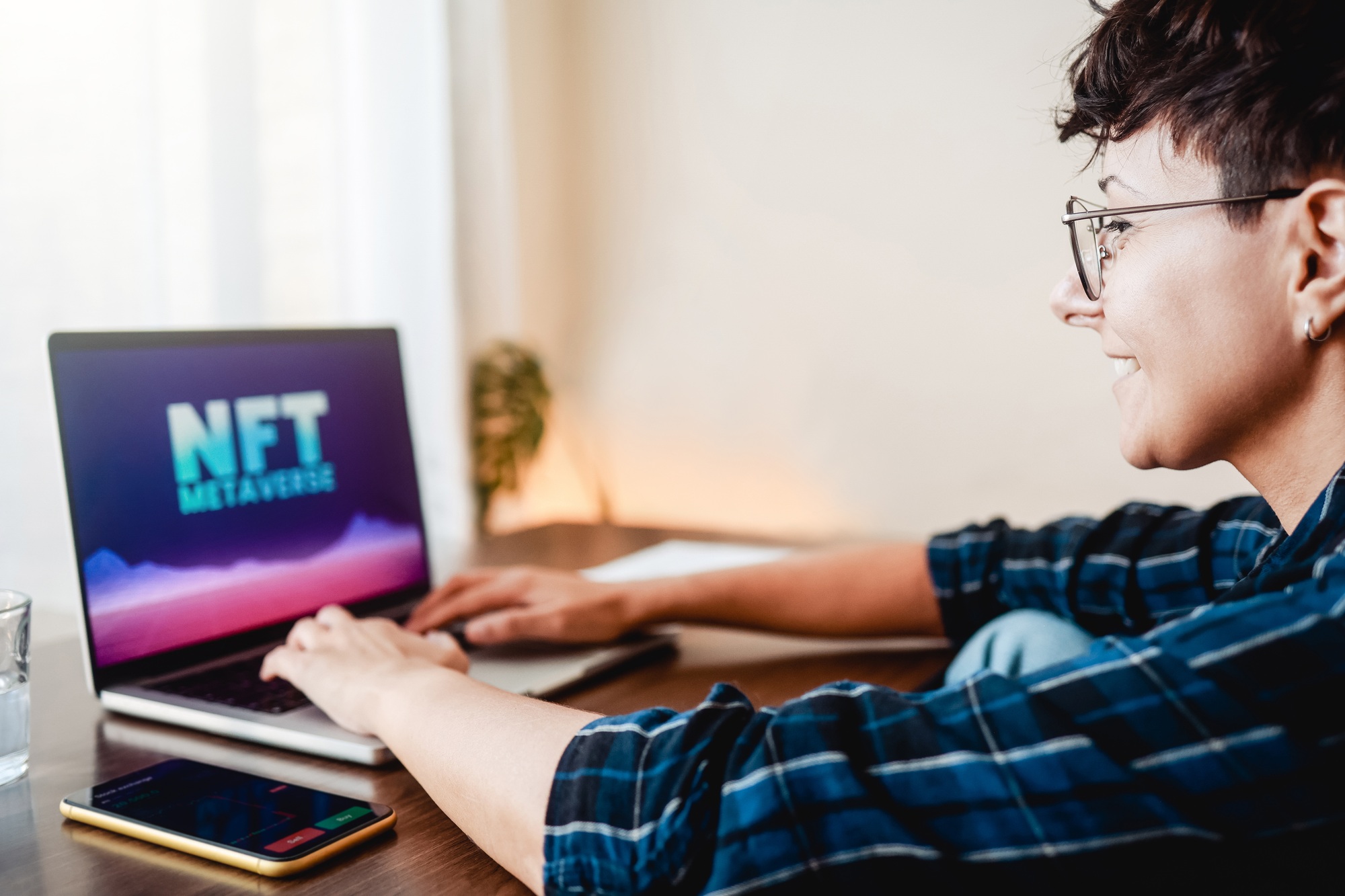 NFT technolgy concept. Business woman working with non fungible tokens for metaverse marketplace