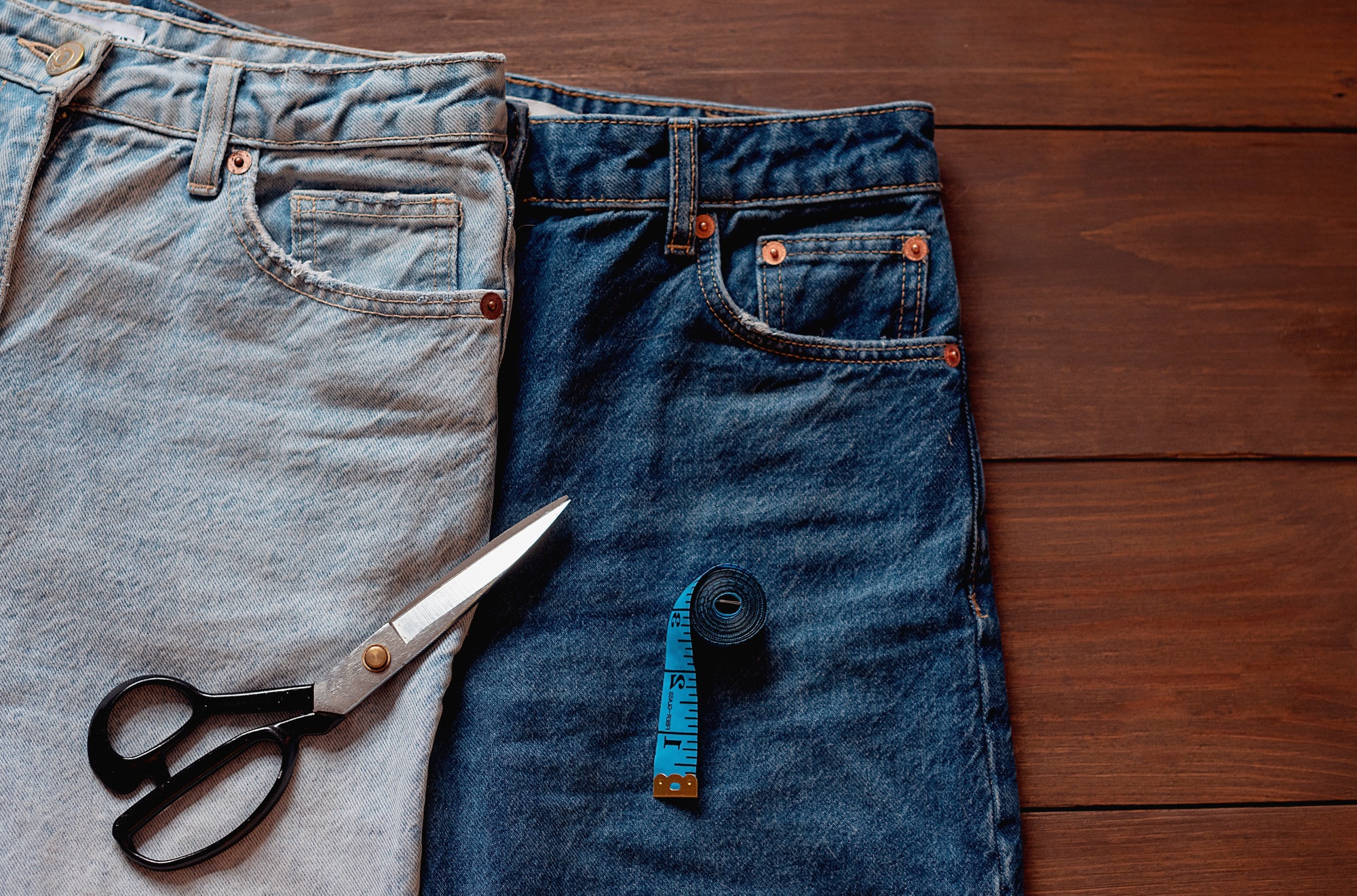 Old jeans upcycling idea. Crafting with denim, recycling old clothers, hobby, diy activity