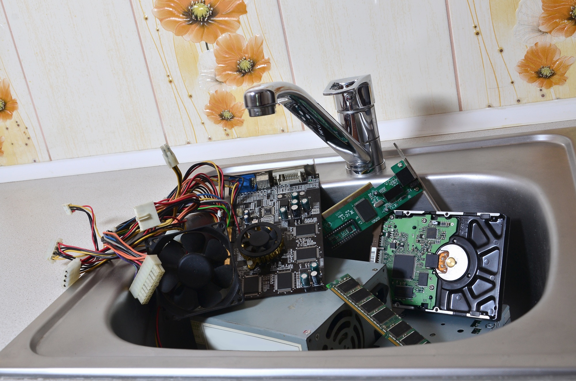 Personal computer cleaning metaphoric concept. Hardware in kitchen sink