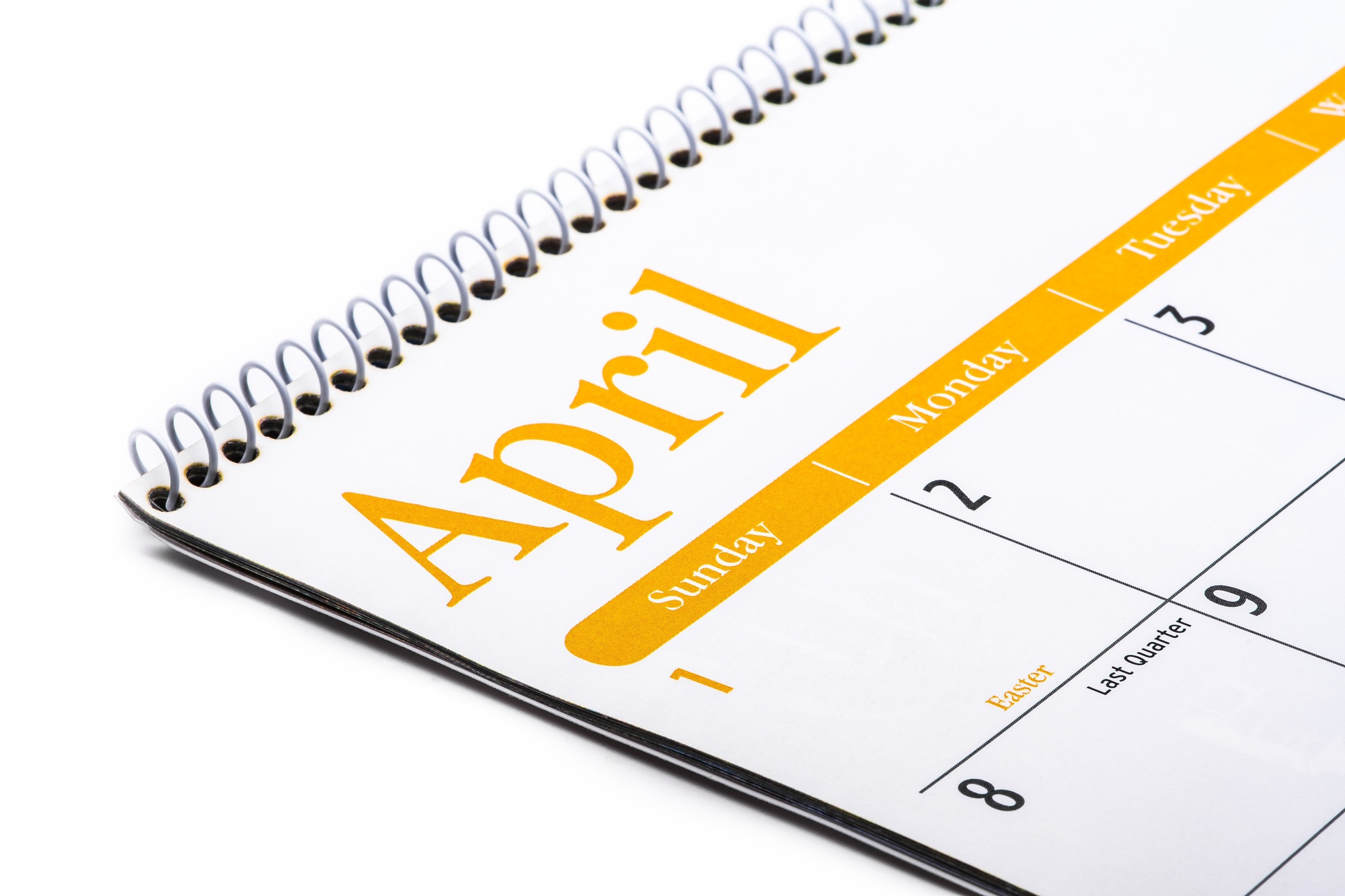 Planning and events, month of April on a calendar