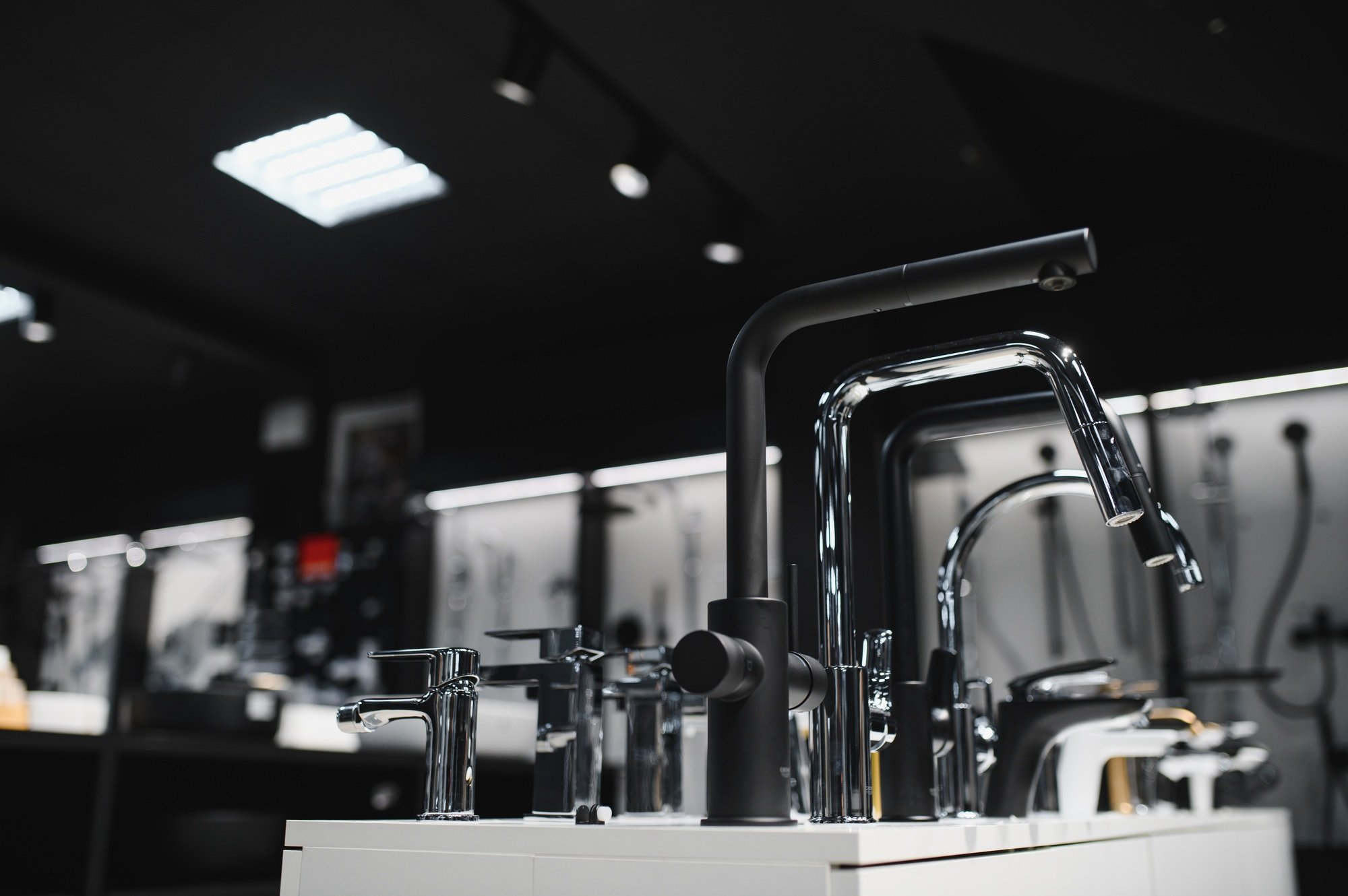 Rows of new faucets in plumbing shop