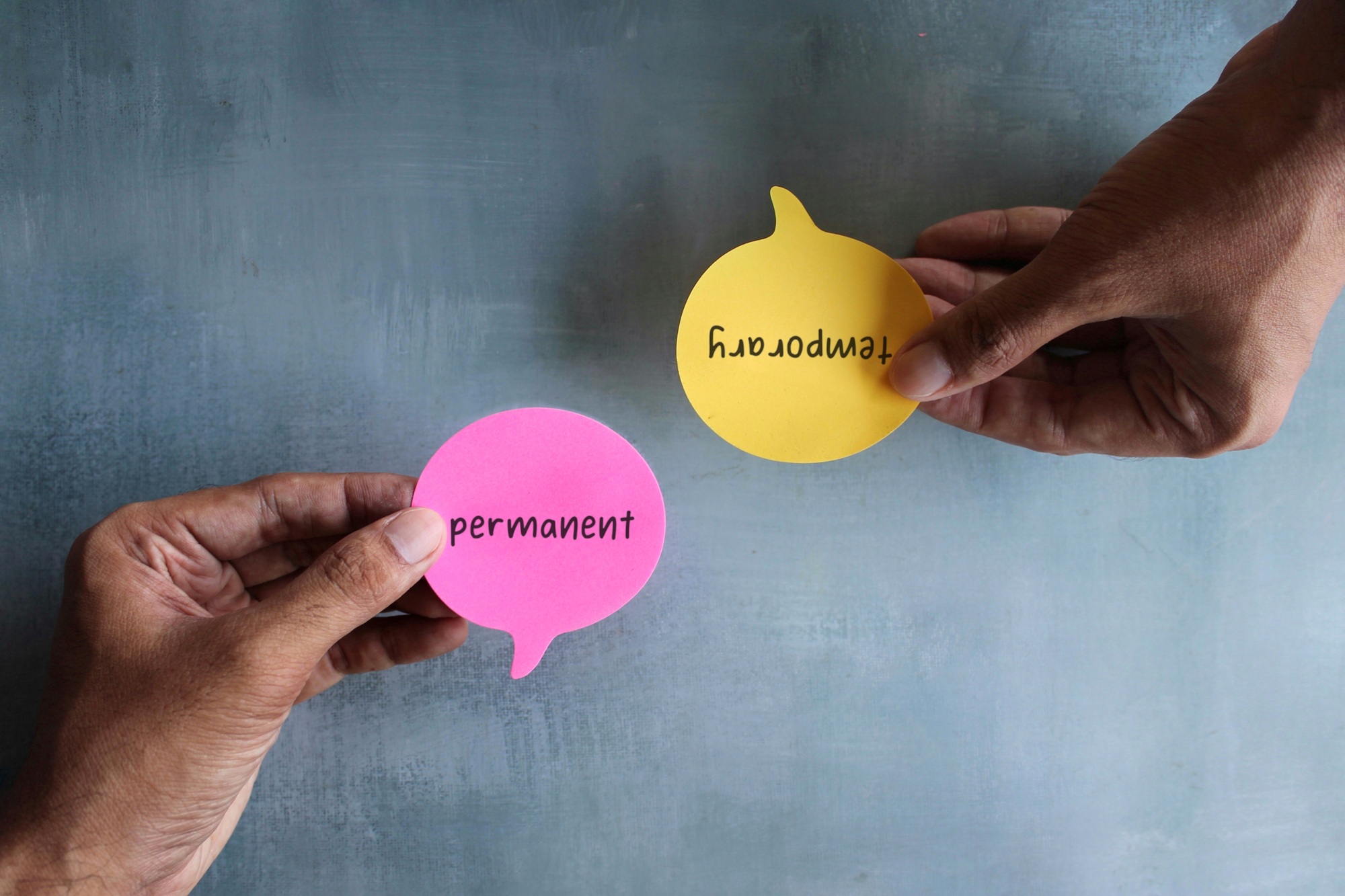 Top view image of speech bubble with text TEMPORARY and PERMANENT
