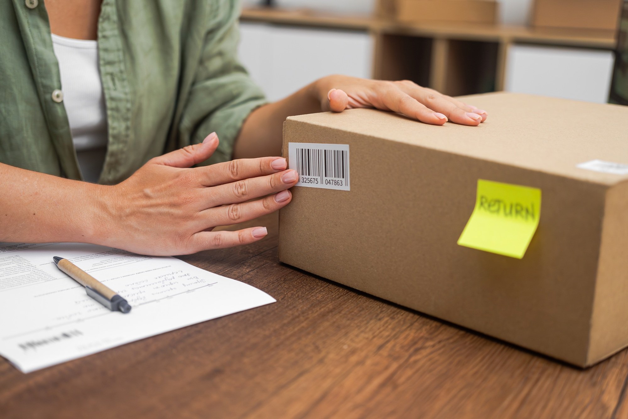woman affixes a Return sticker, with a barcode, to cardboard box, online shopping refund process.