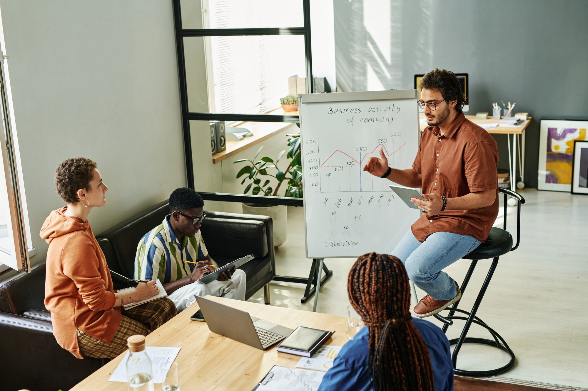 Young confident business coach sitting by whiteboard