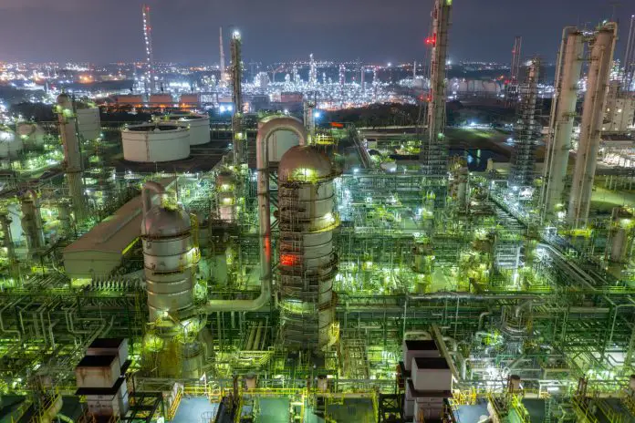 Nighttime Aerial View of Busy Refinery Complex