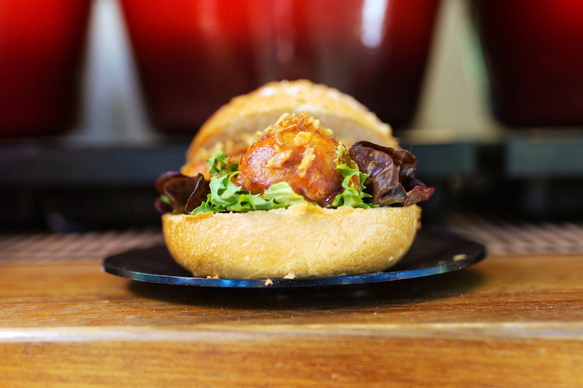 Bread with meatballs in a food truck.