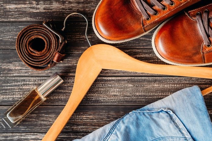 Brown leather casual shoes jeans, belt and perfume