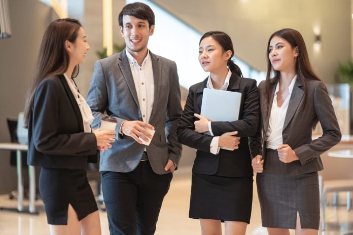 Business people colleague talk to each other during the break.