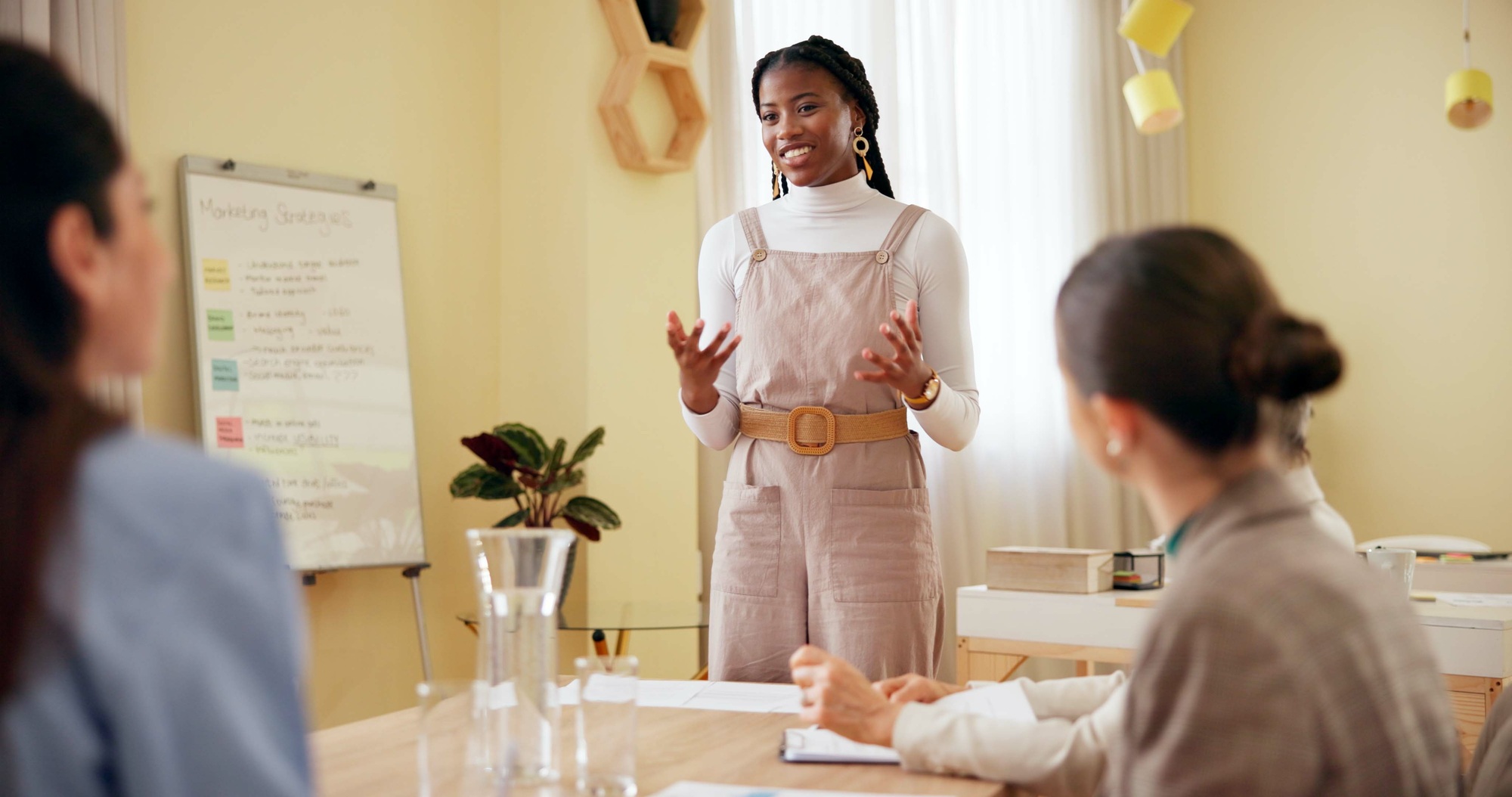 Business women, presentation and meeting with speaker, discussion and public relations management.