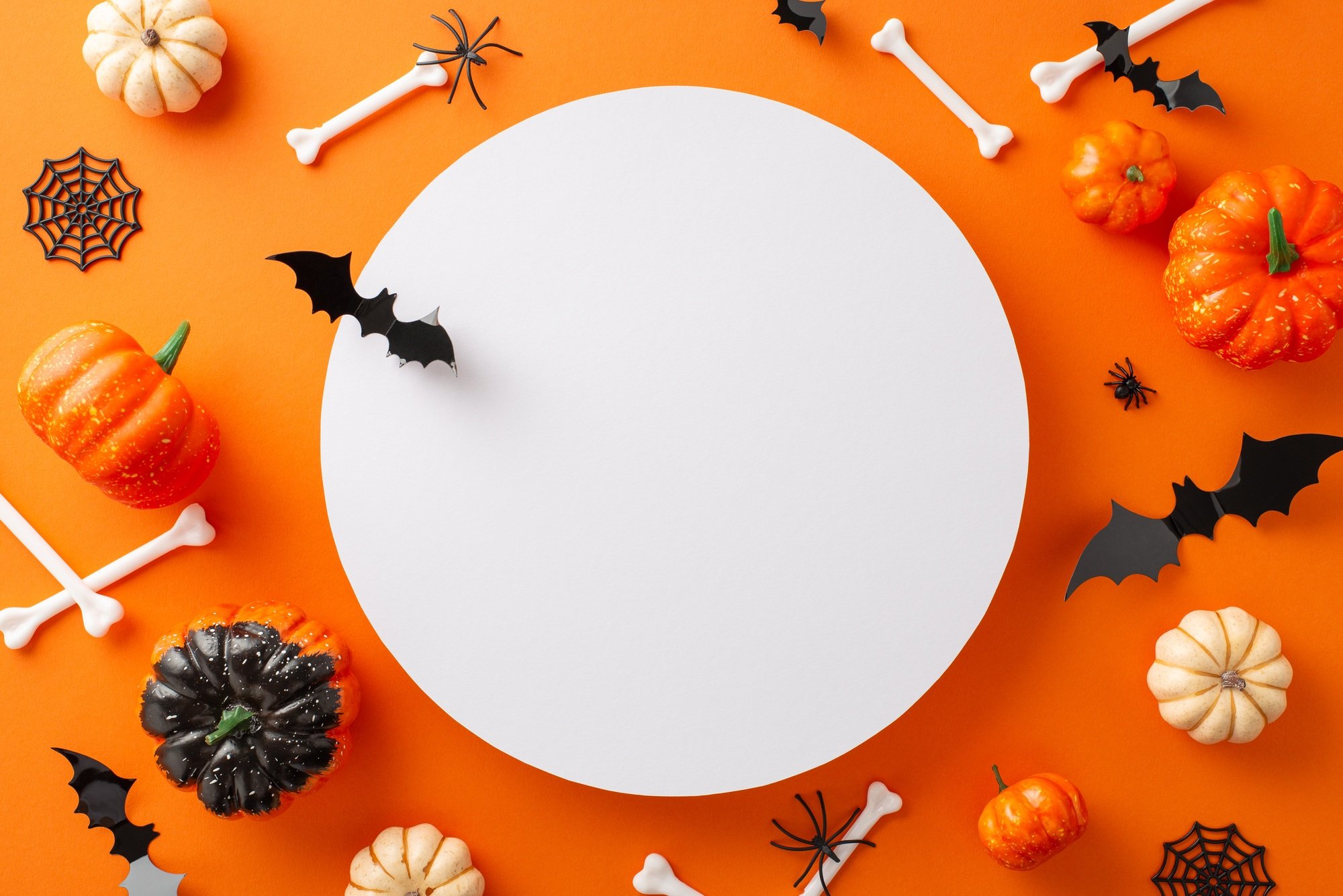 Enjoyable Halloween gathering concept. High-angle shot of pumpkins, paper bats, spiders