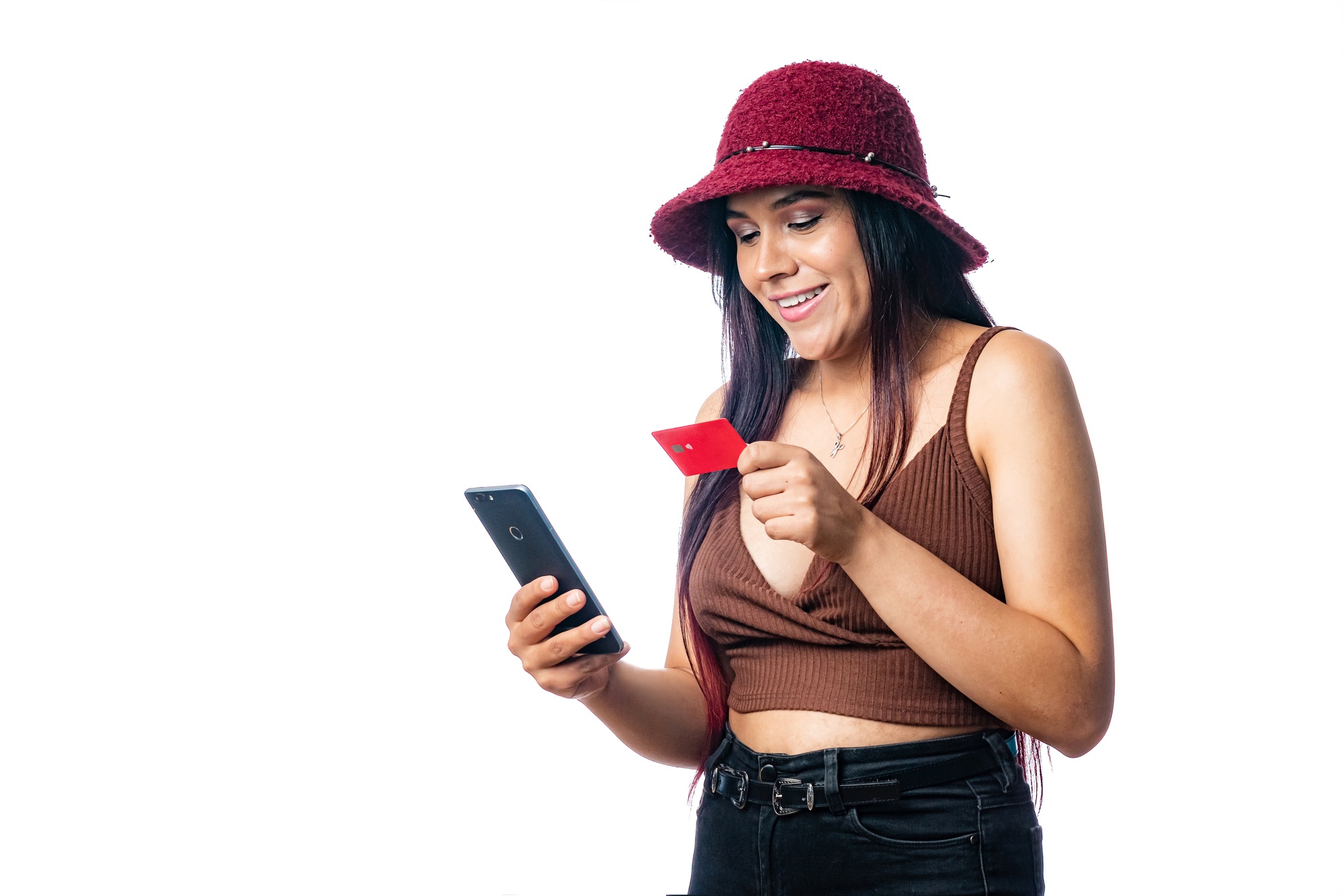 Girl shopping online with her mobile device. pay, buy, invest and sell online.