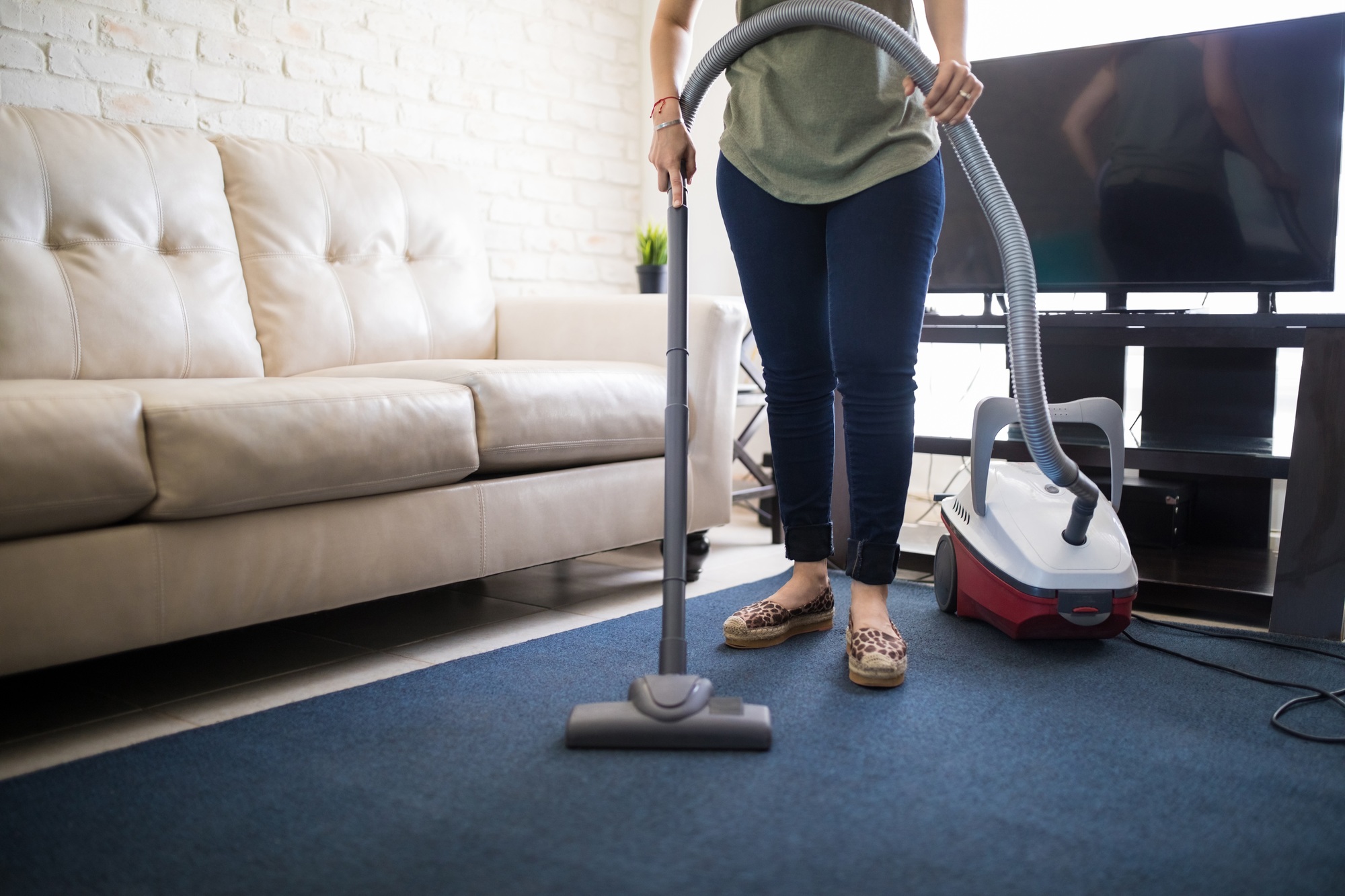 Housewife cleaning rug in living room