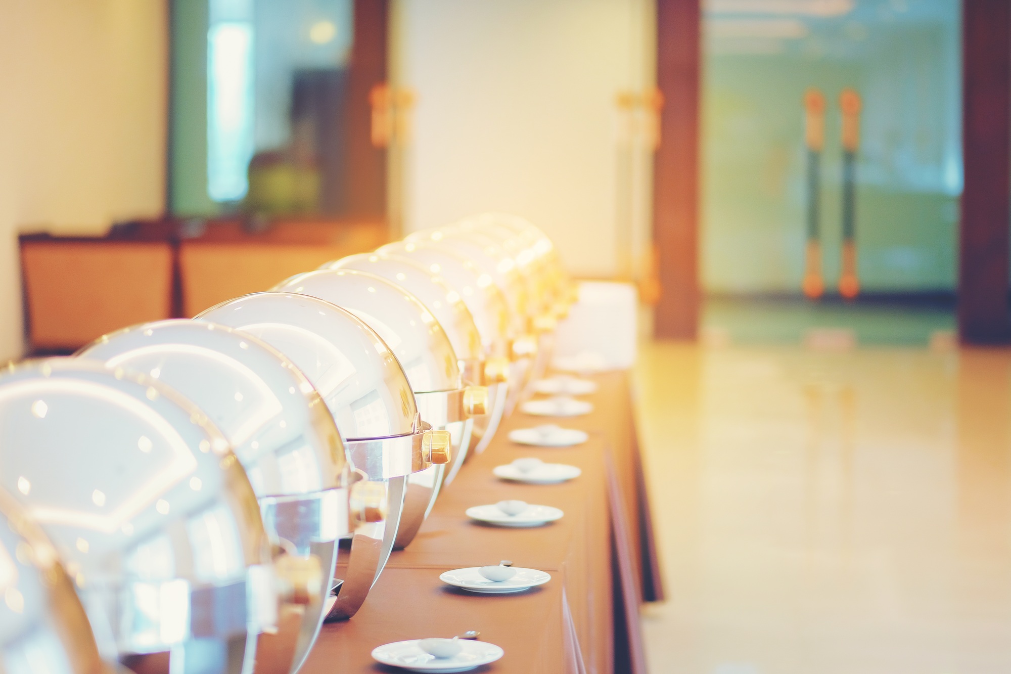 Many buffet heated trays ready for service, Catering buffet food indoor hotel