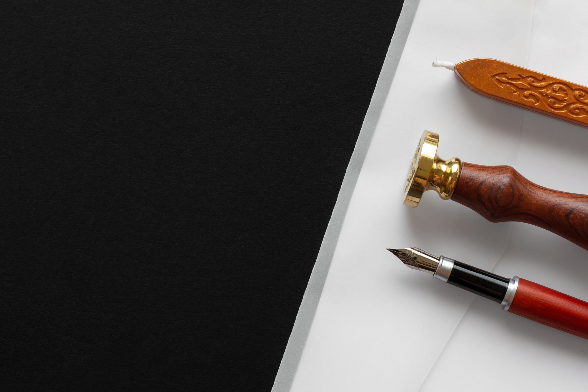 Notary public wax stamper. White envelope with brown wax seal, golden stamp. Responsive design