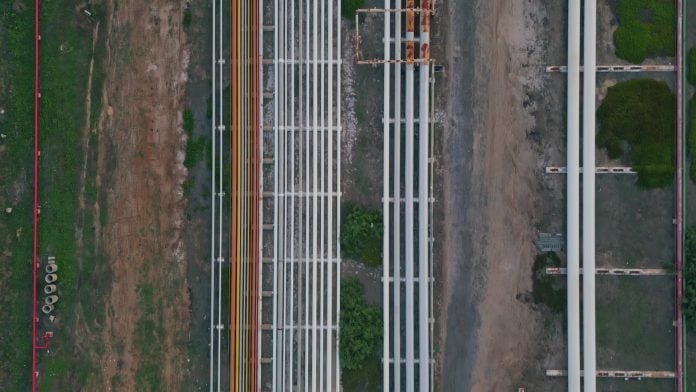 Power plant pipeline drone view. Gas oil transportation system at energy factory