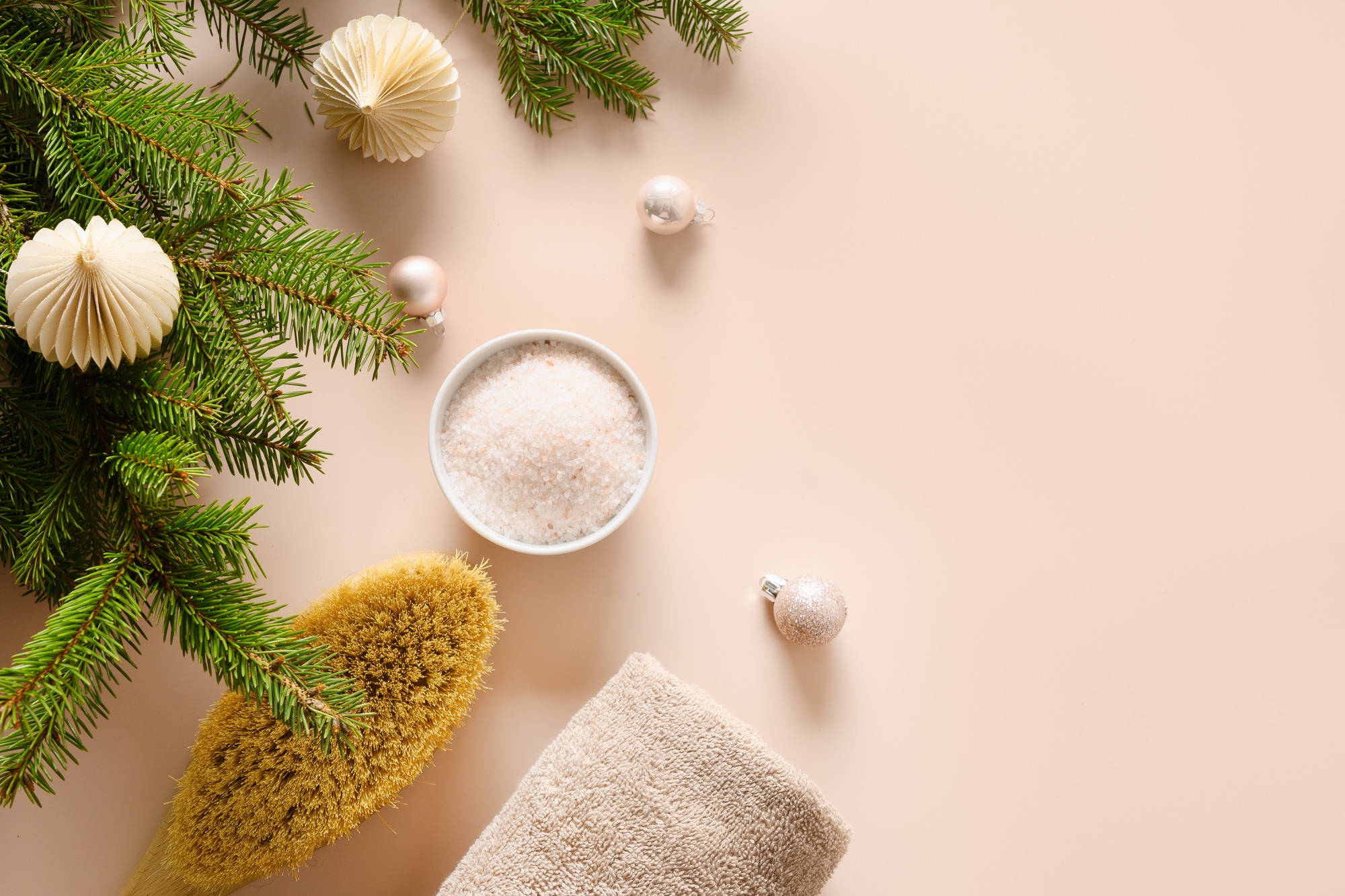 Relax and wellness before Christmas holiday. Cosmetic sea salt, wellness objects.