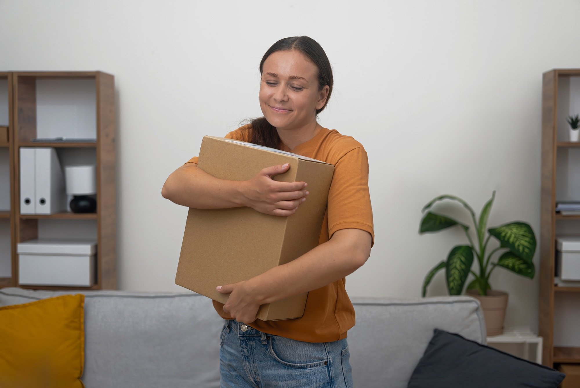 smiling customer cradles parcel, embodying satisfaction and convenience of home delivery shopping