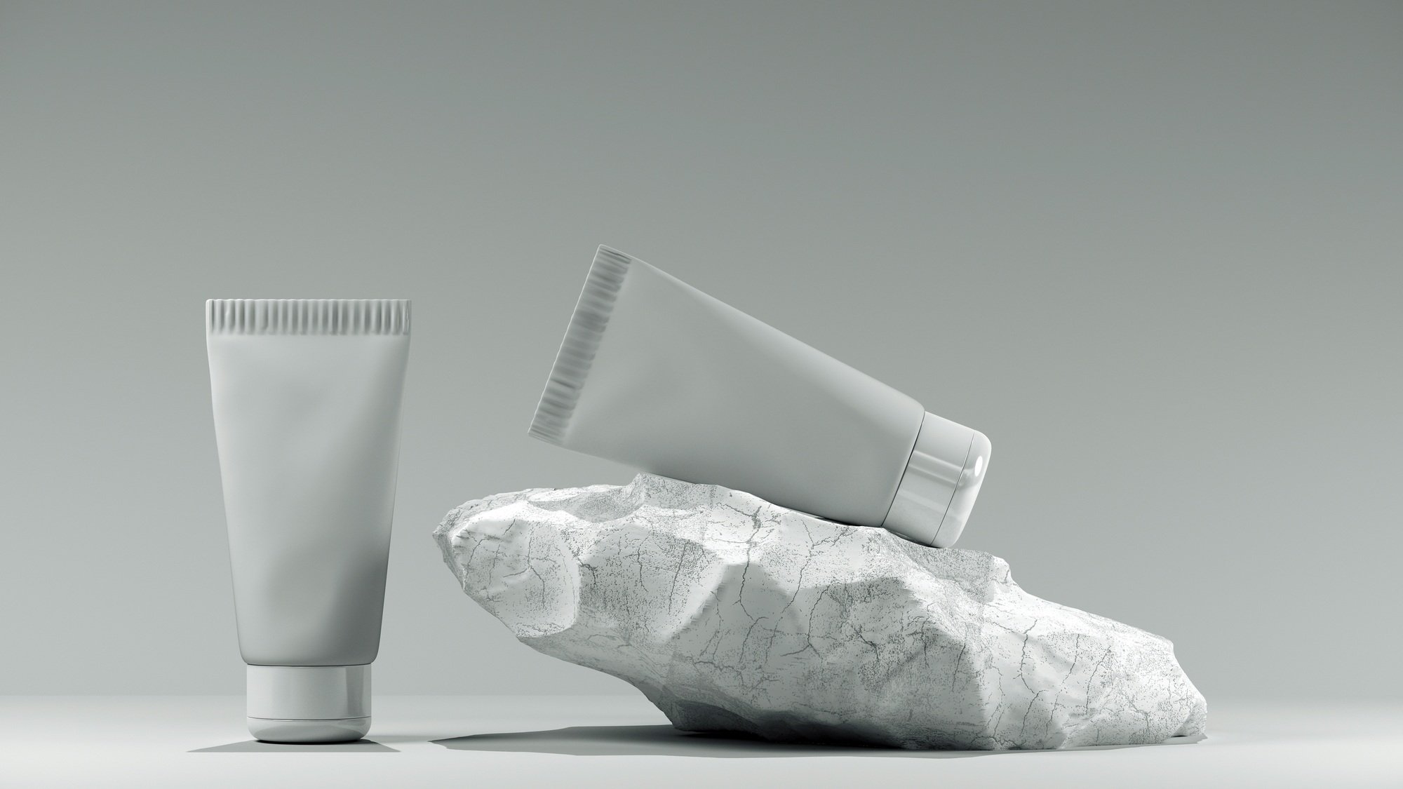 3d illustration. Blank white tube design on a stone mockup front back profile side view set.