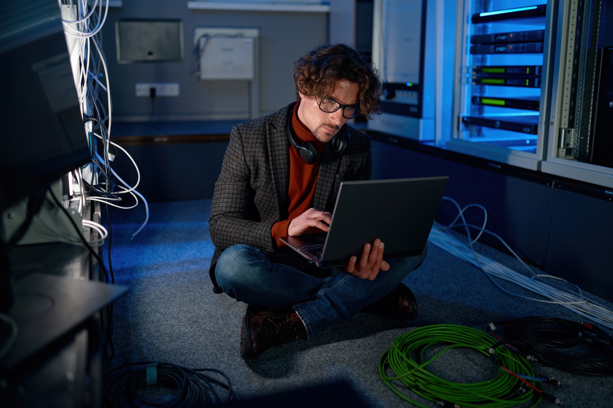 A system administrator working in server room using laptop