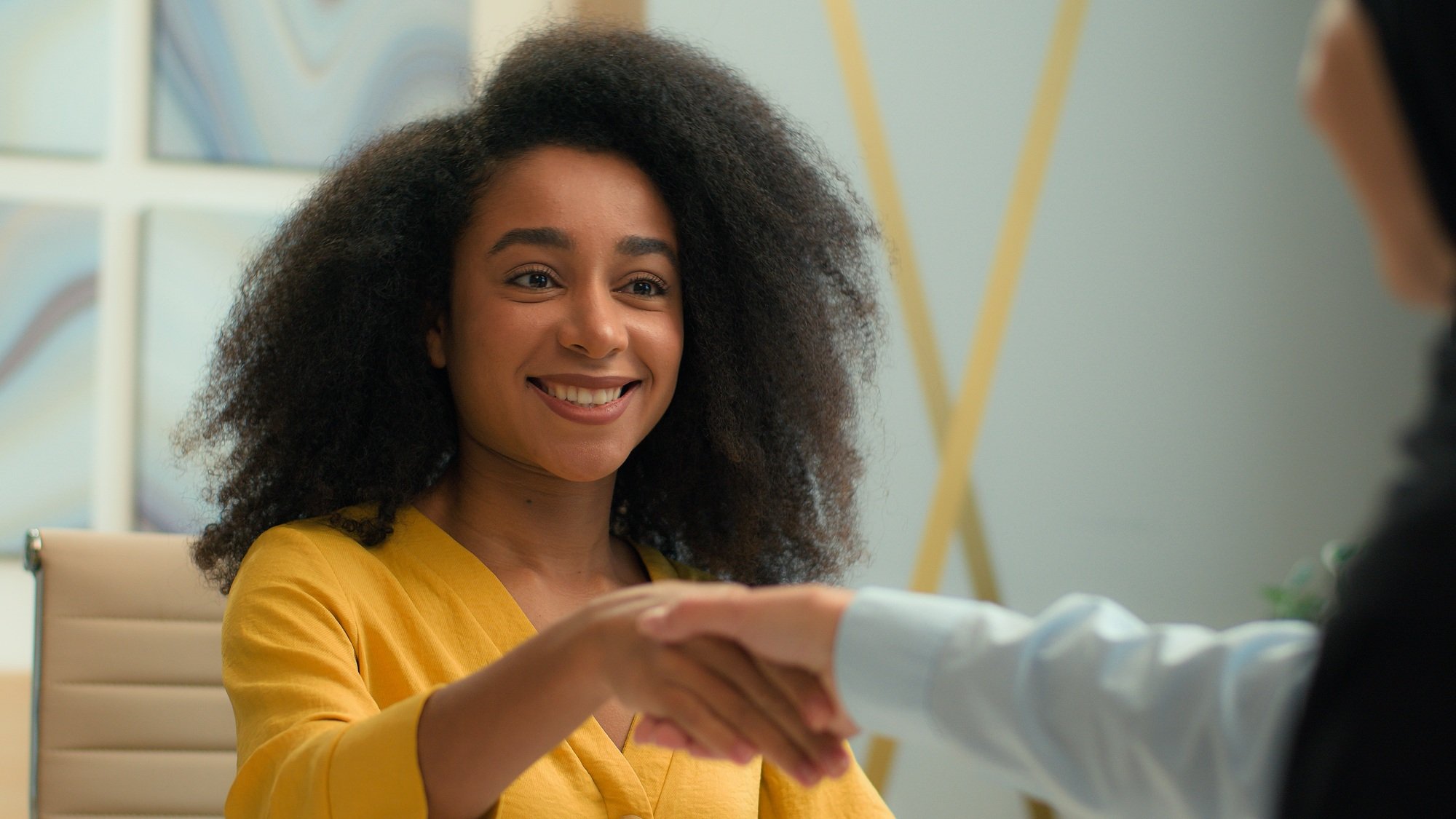 African American girl happy businesswoman employer hiring candidate human resources conclude deal