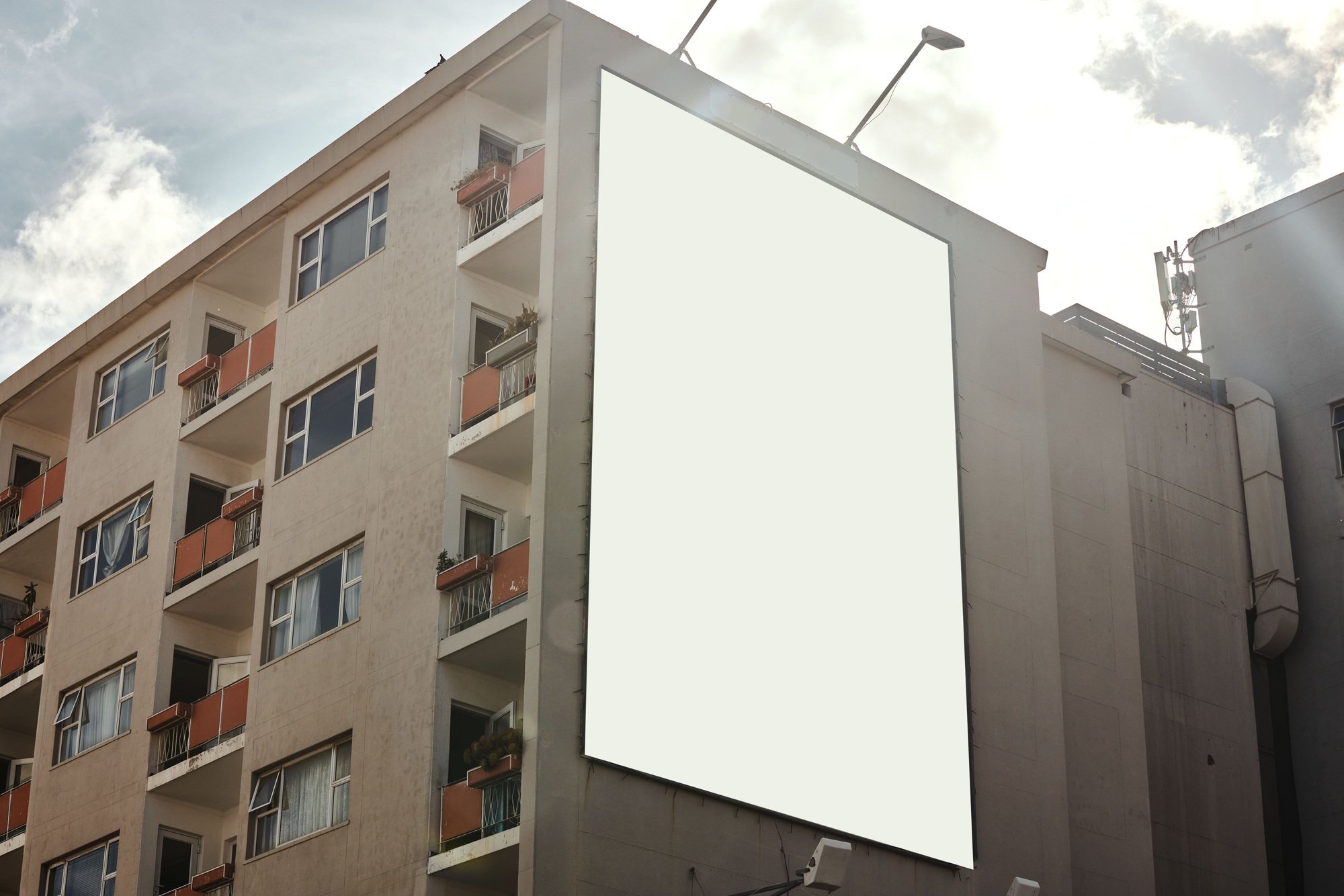 Apartment building, mockup space and advertising billboard, commercial housing and real estate in c