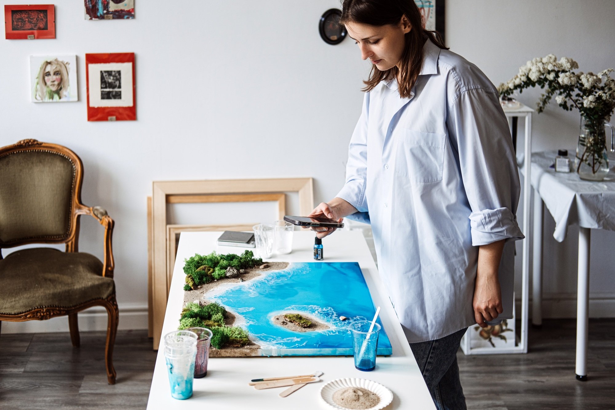 Artist Photographing Epoxy Resin Artwork for Online Sale