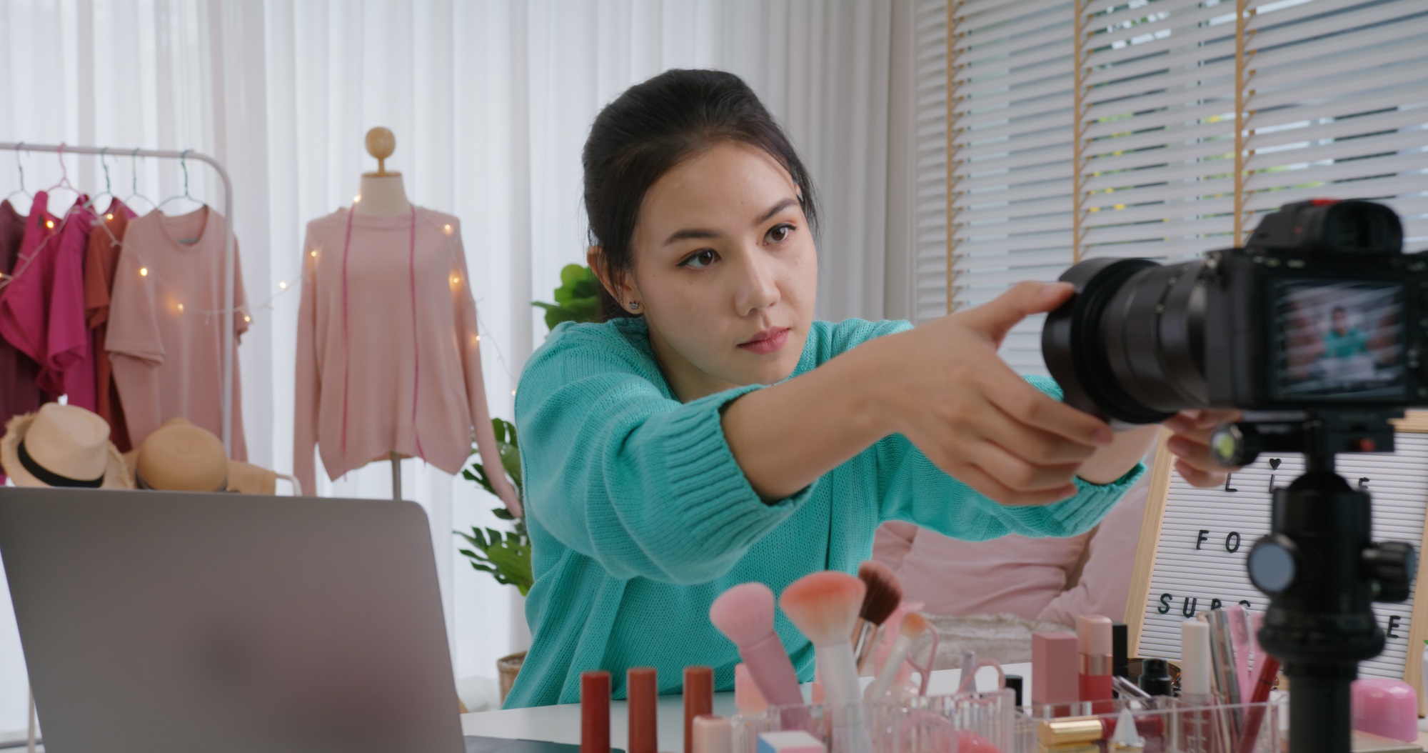 Asia SME owner, seller woman micro influencer, happy youtuber prepare record live