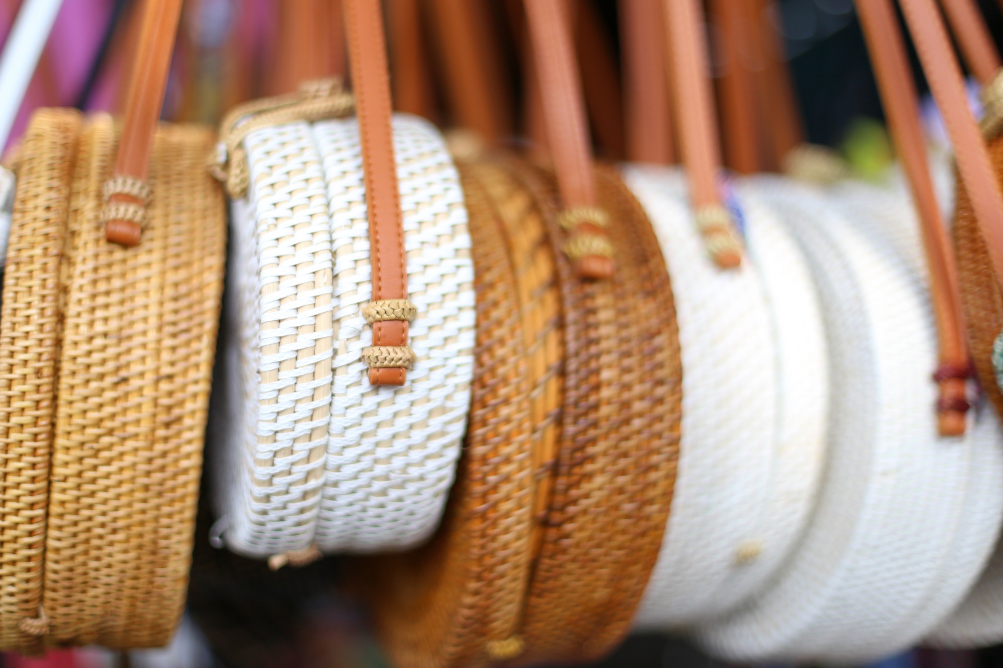 BAMBOO Bags in the row in local market. Trendy fashion on handmade goods.