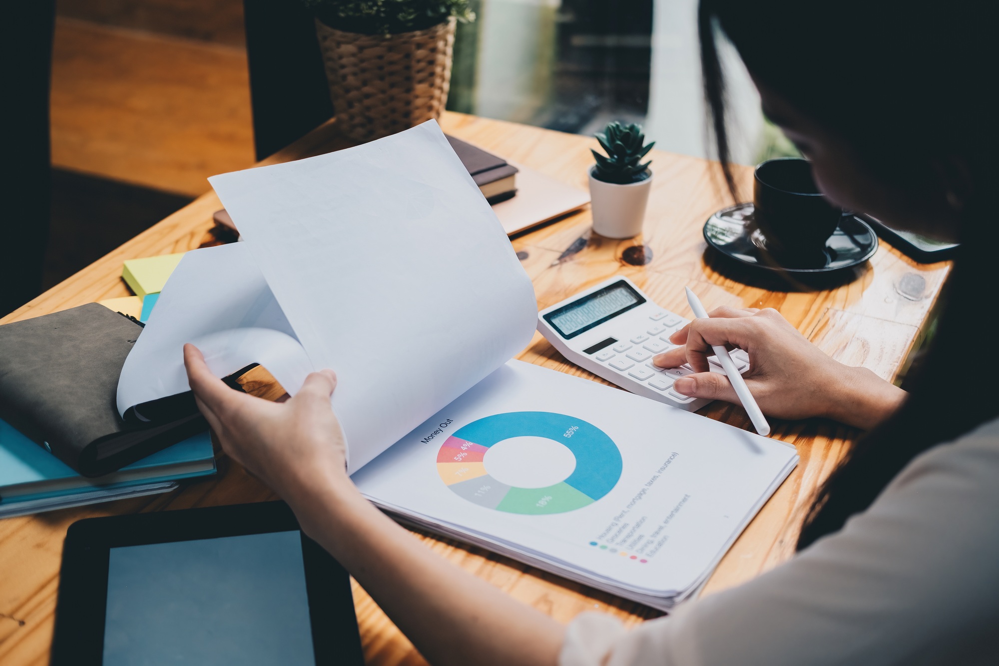 Business woman looking at charts, spreadsheets, graph financial development, bank accounts