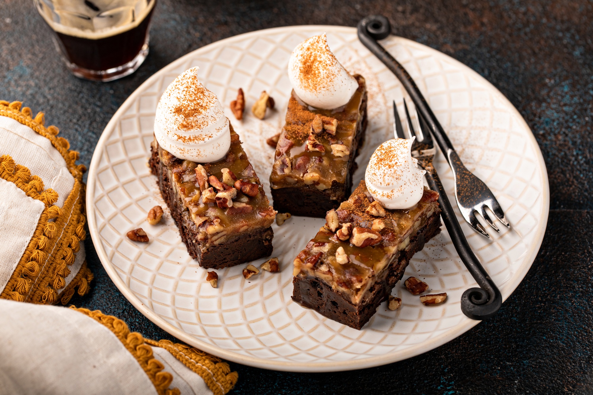Chocolate pecan pie bars with caramel sauce