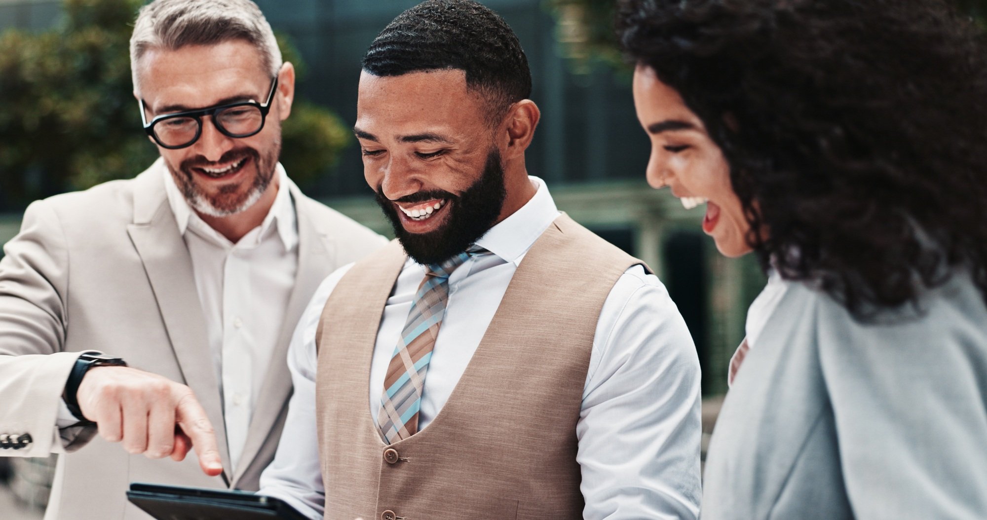 Collaboration, city and people with tablet, outdoor and real estate agent with website for business