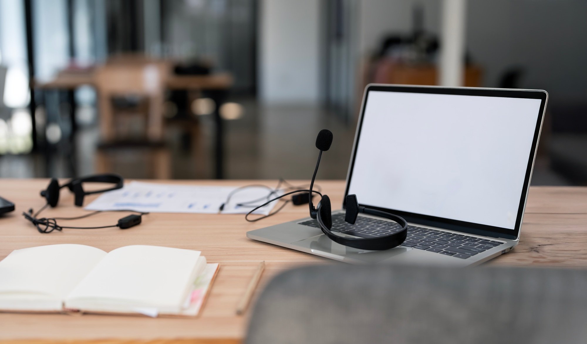 Communication support, call center and customer service help desk office.