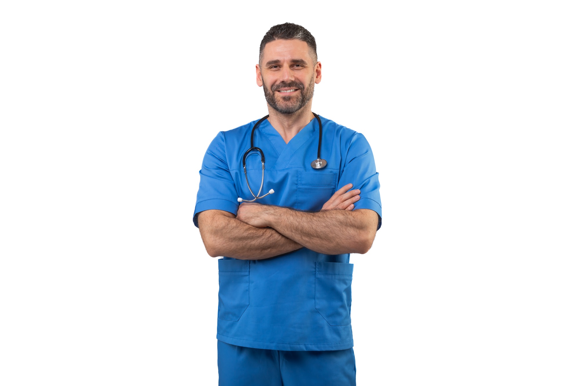 Confident Man Doctor in Scrubs Standing With Arms Crossed
