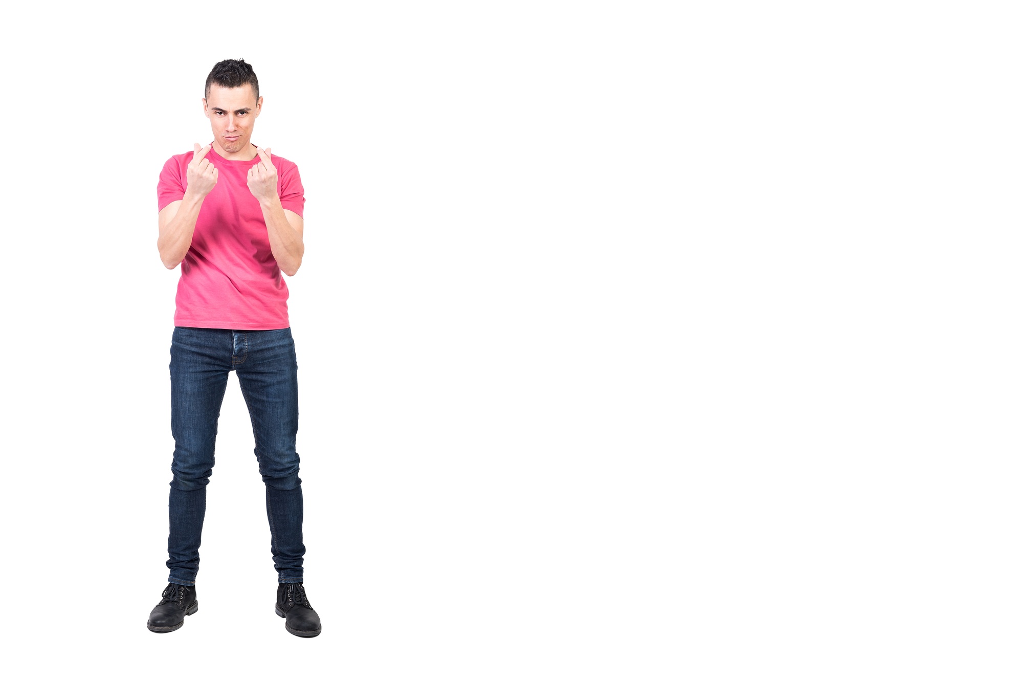 Confident man making money gesture. White background