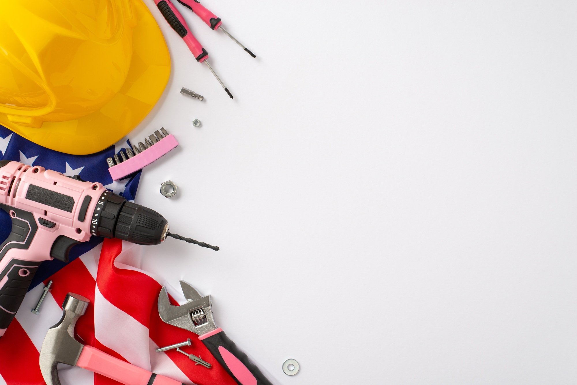 Construction-themed Labor Day tribute: Capture attention with this top-view image, showcasing a flag