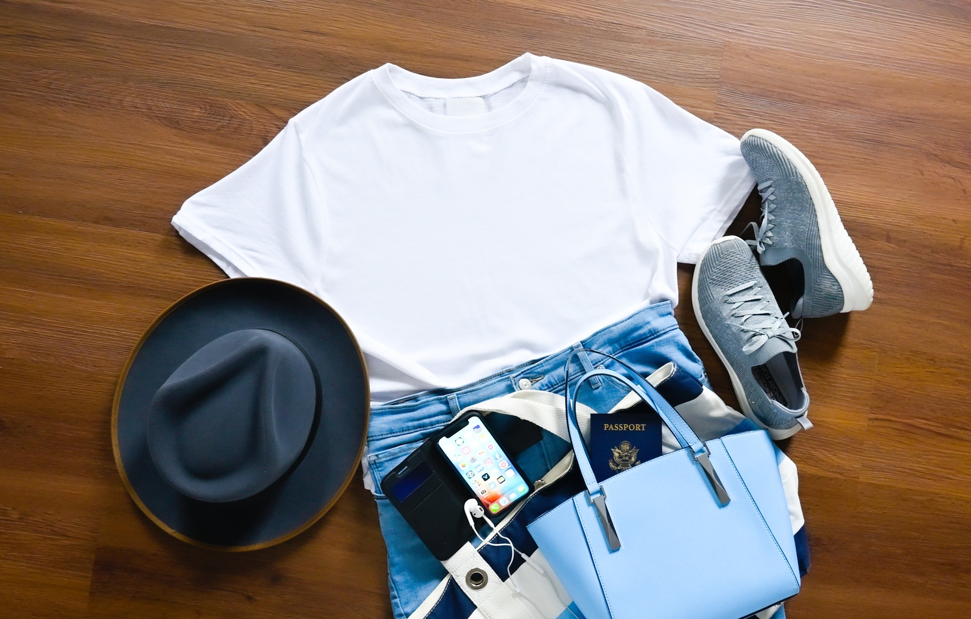 Flat lay wardrobe for international travel