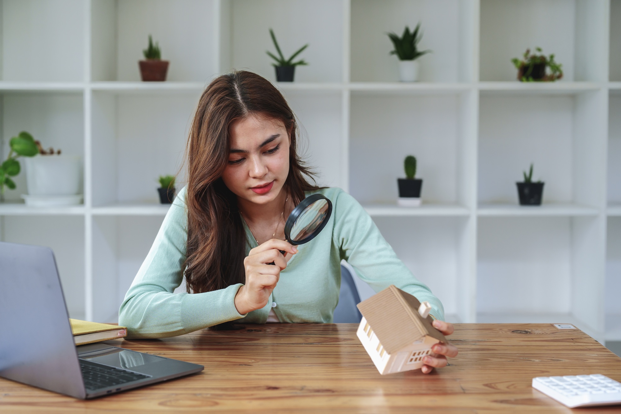 Half-breed girl, holding a magnifying glass to look at a house model, concept of home inspection