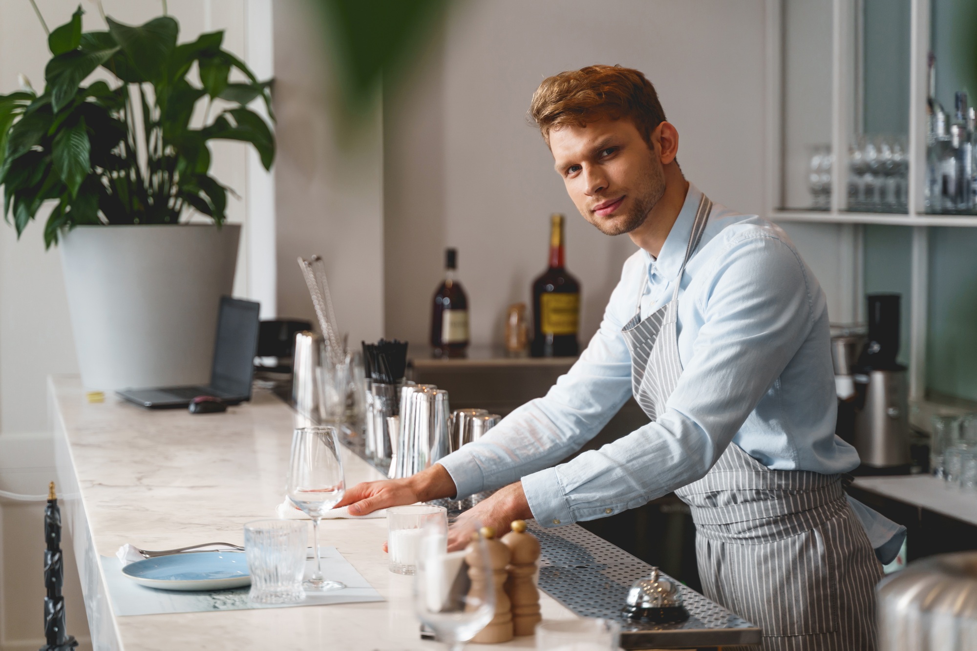 Handsome bartender standing at the bar counter