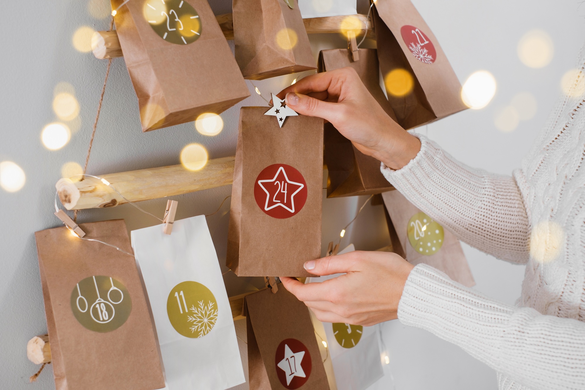 Hanging Handmade craft Christmas advent calendar with gifts