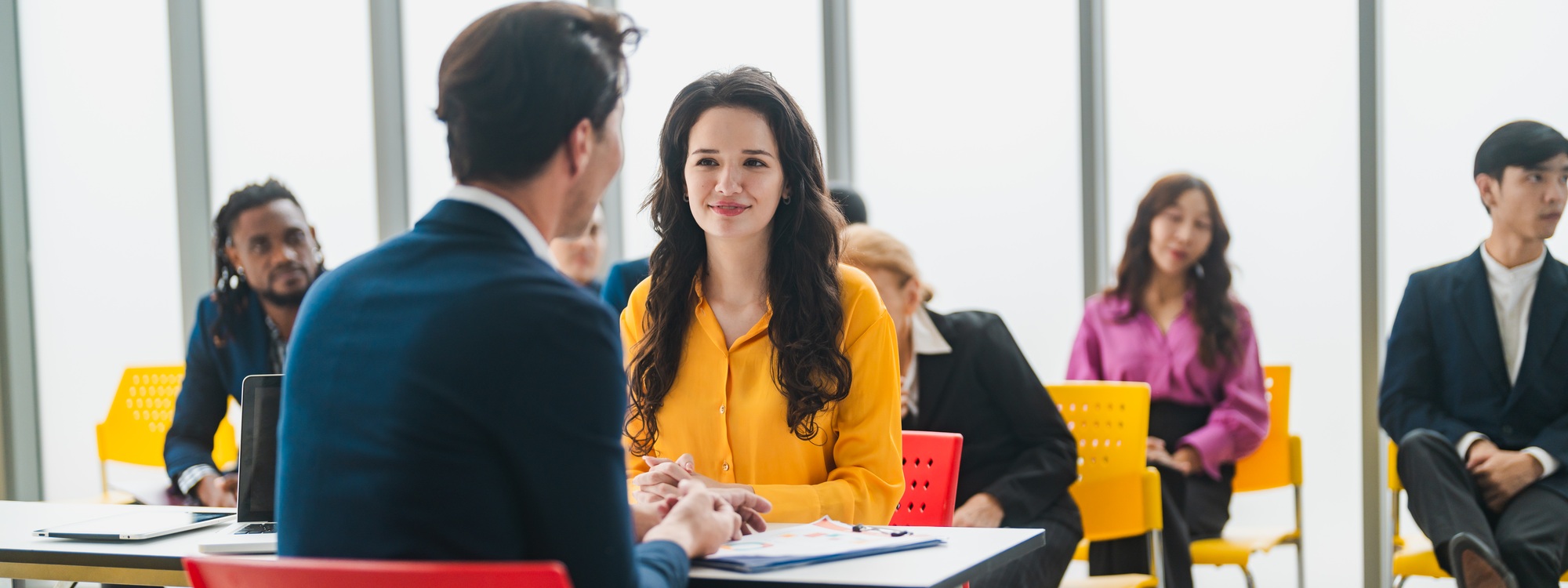 Happy business manager working at office meeting. Smiling male hr hiring recruit at job interview
