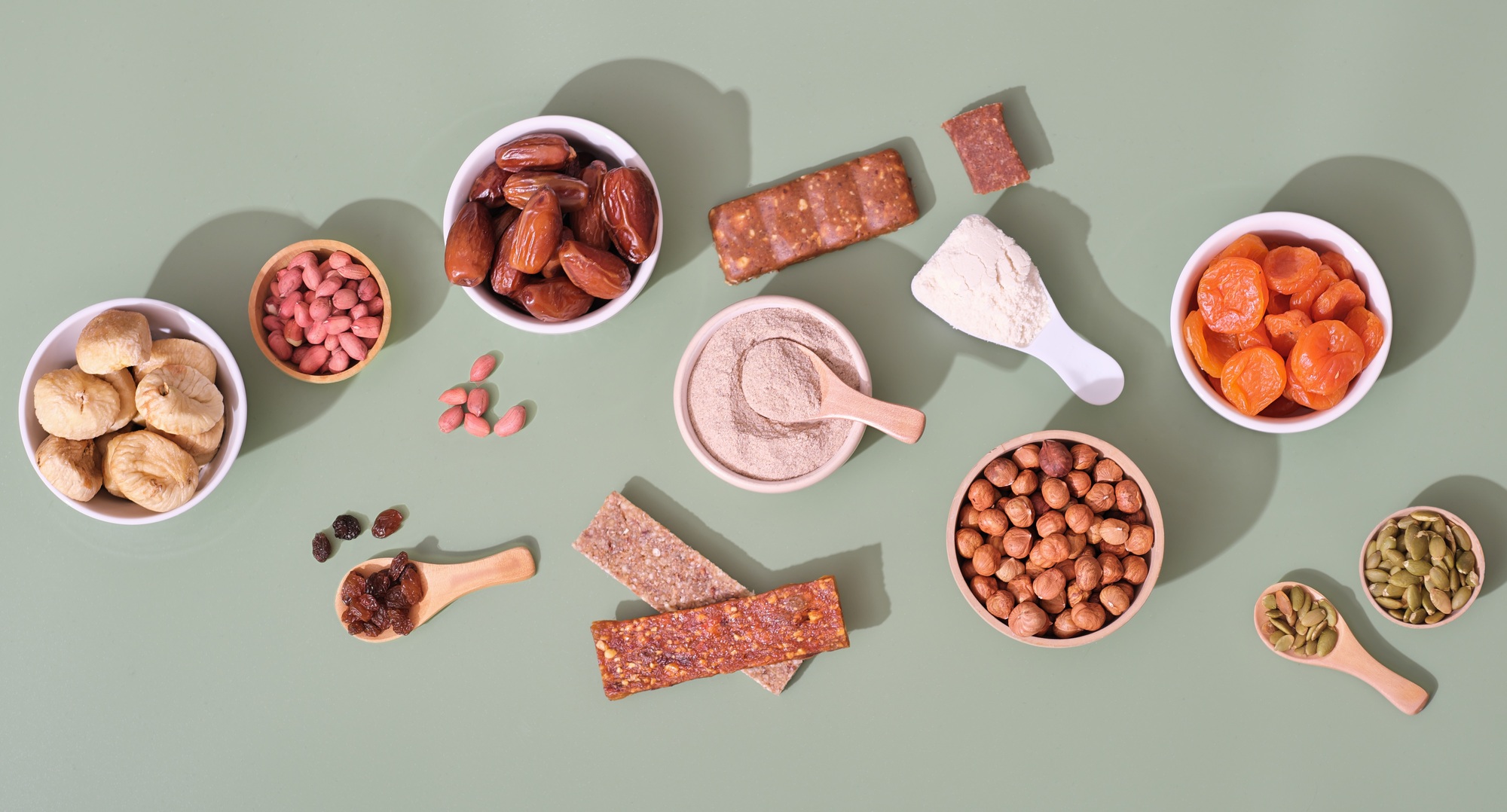 healthy snack, home made energy bars, superfood protein bars with ingredients, top view.