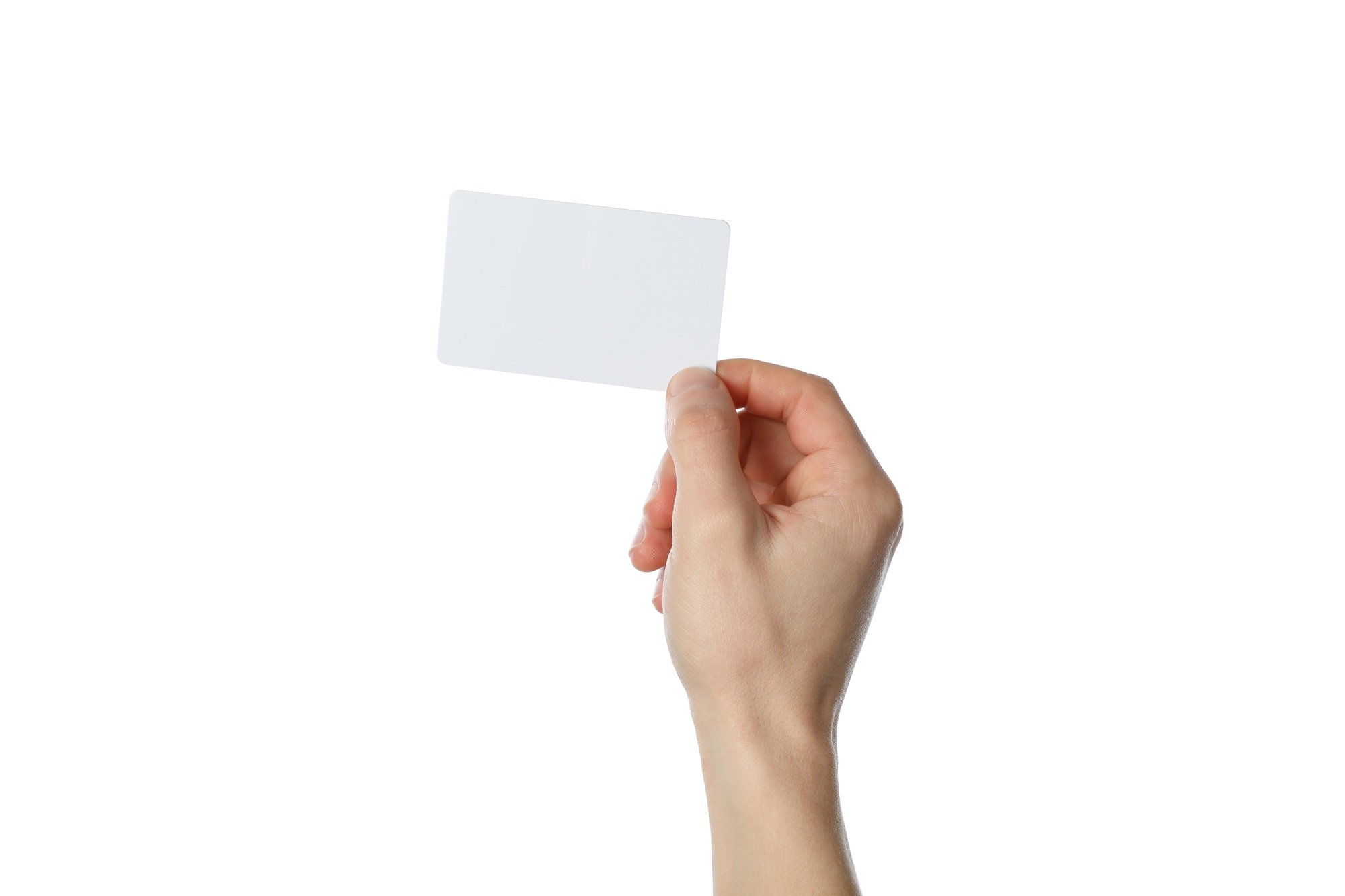 Male hand holding business card, isolated on white background