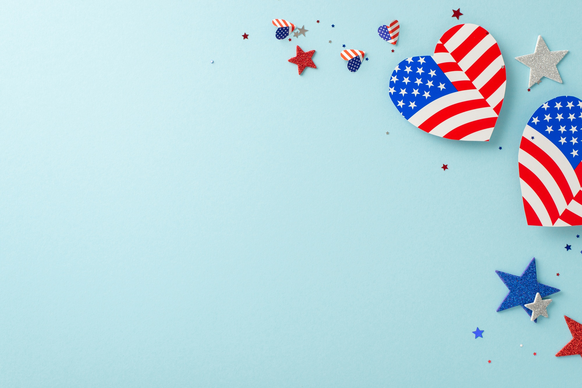 National Day celebration. Top-down view of symbolic decorations: hearts showcasing USA flag design