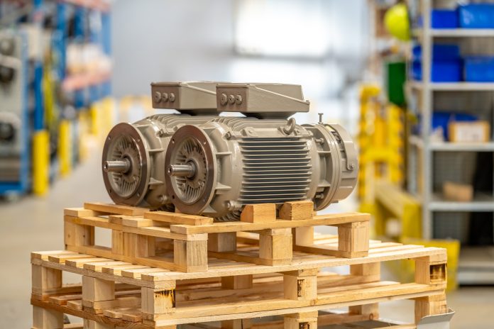 new electric motors ready for export in the factory on pallets