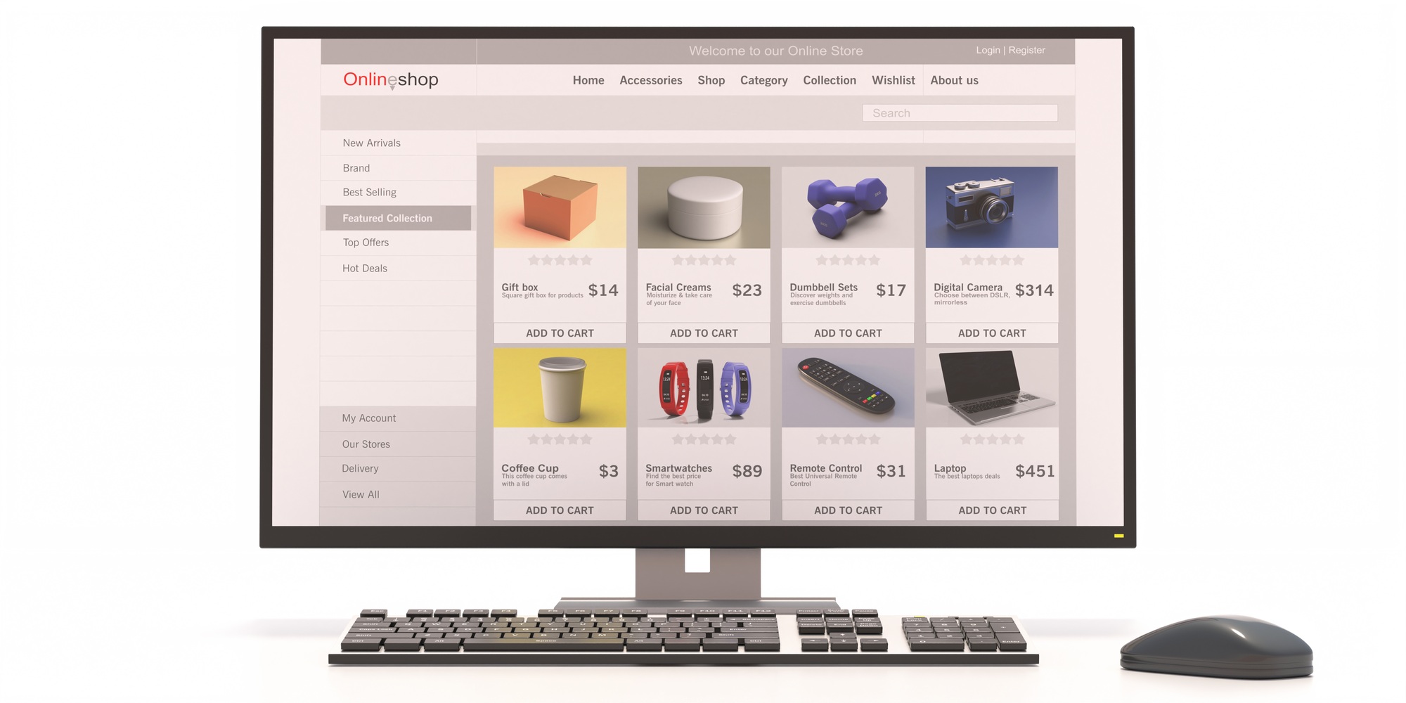Online shop website design template on a computer monitor isolated on white. 3d illustration