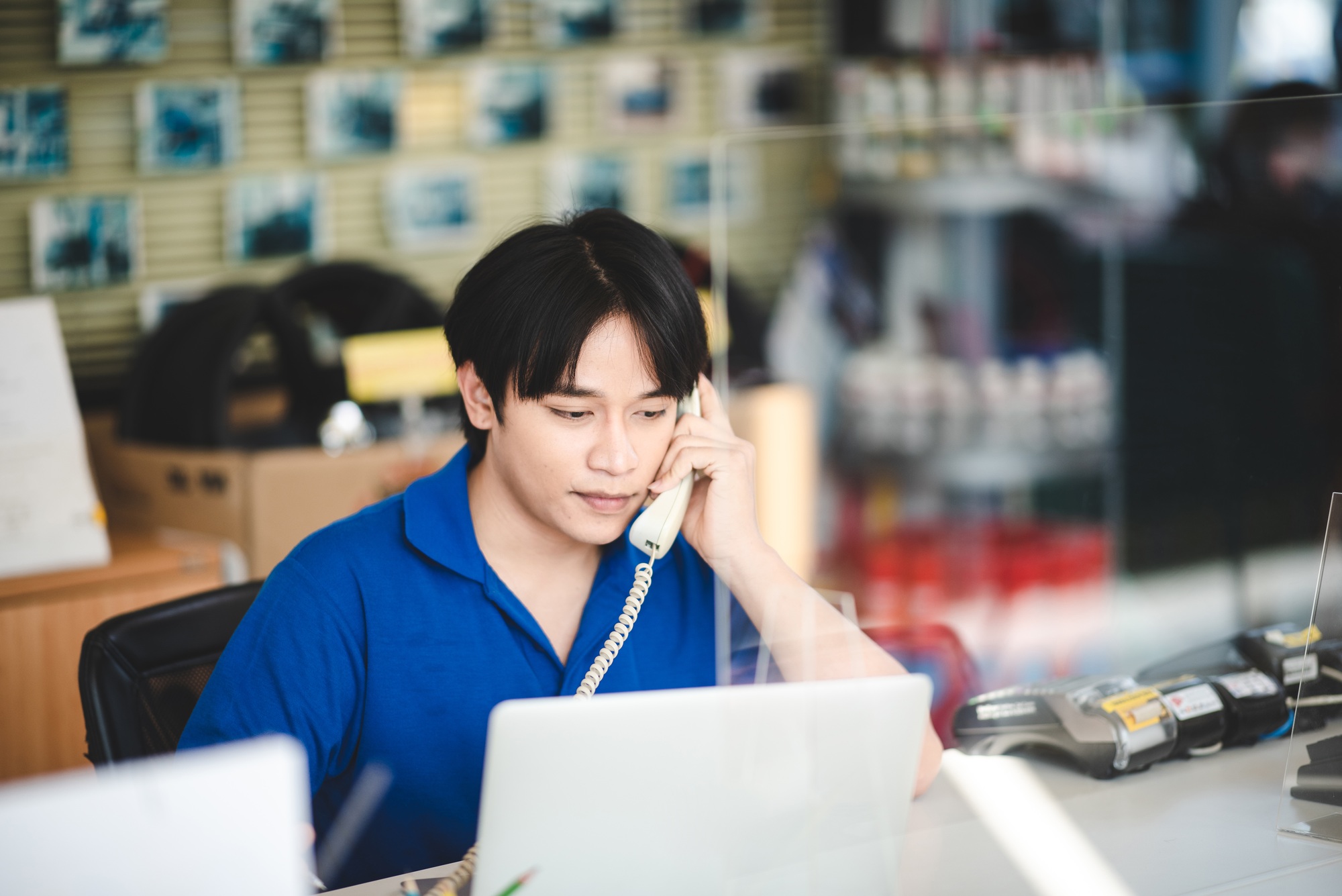 operator worker person using telephone and headset to calling, communication service support