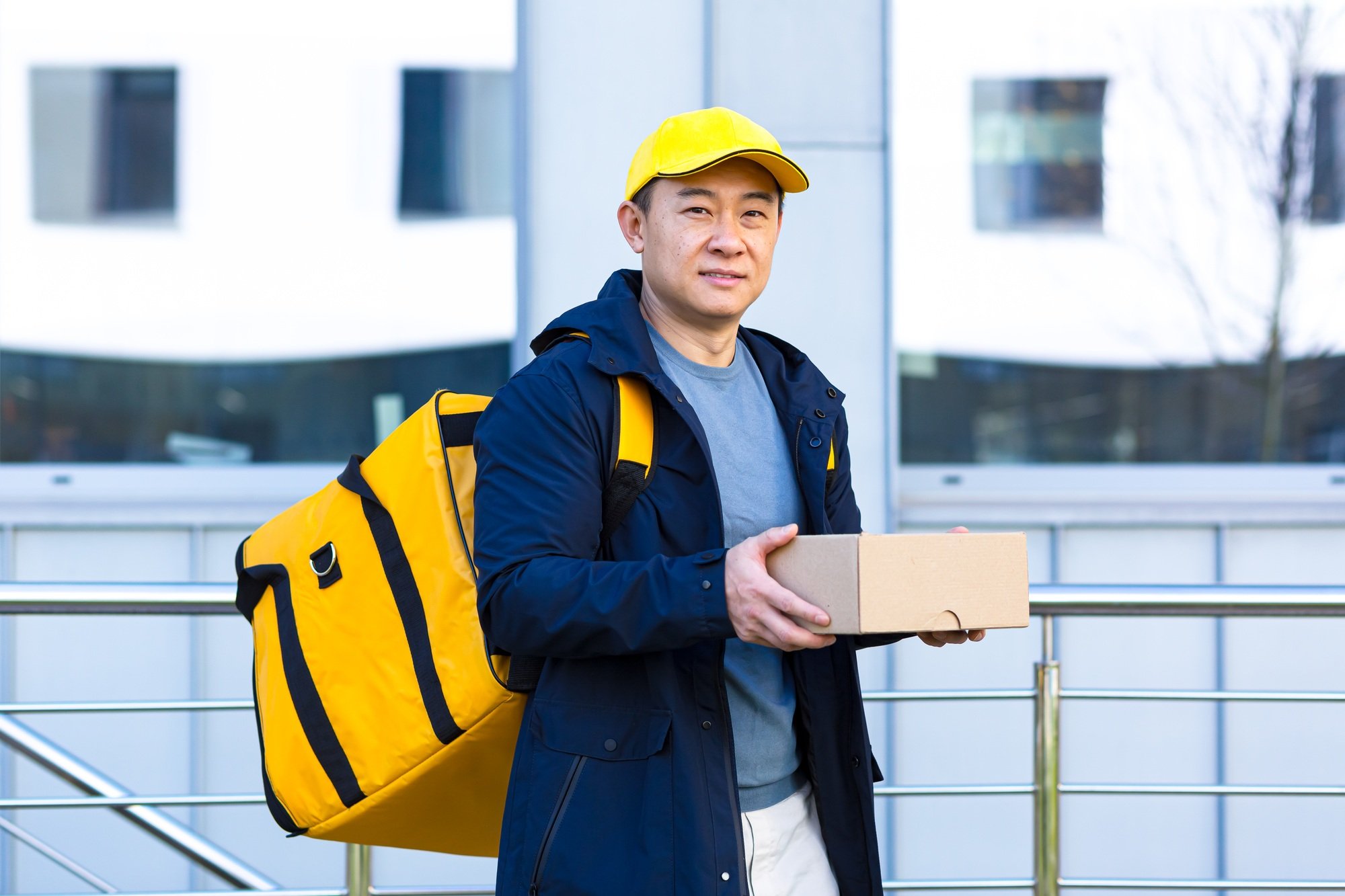 portrait asian courier. happy male delivery service worker in cap and with backpack food bag.