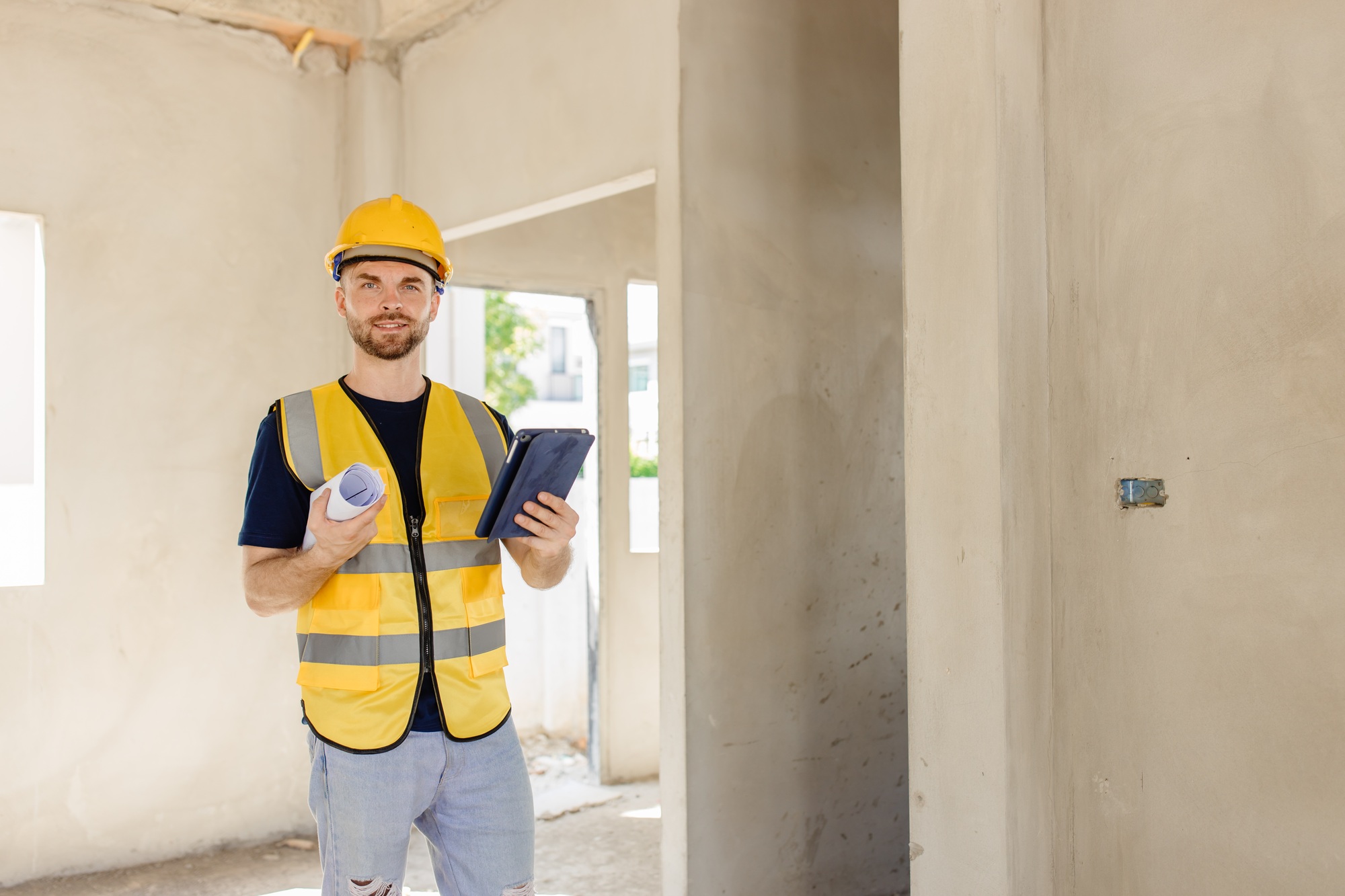portrait caucasian builder worker work check inspection houses build quality home renovation